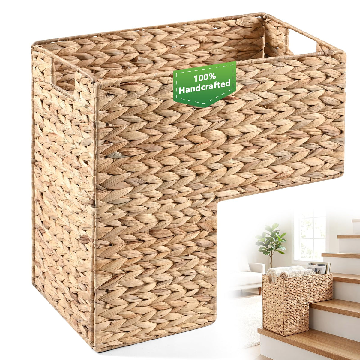 Livole Handwoven Water Hyacinth Stair Basket for Carpeted & Wooden Stairs