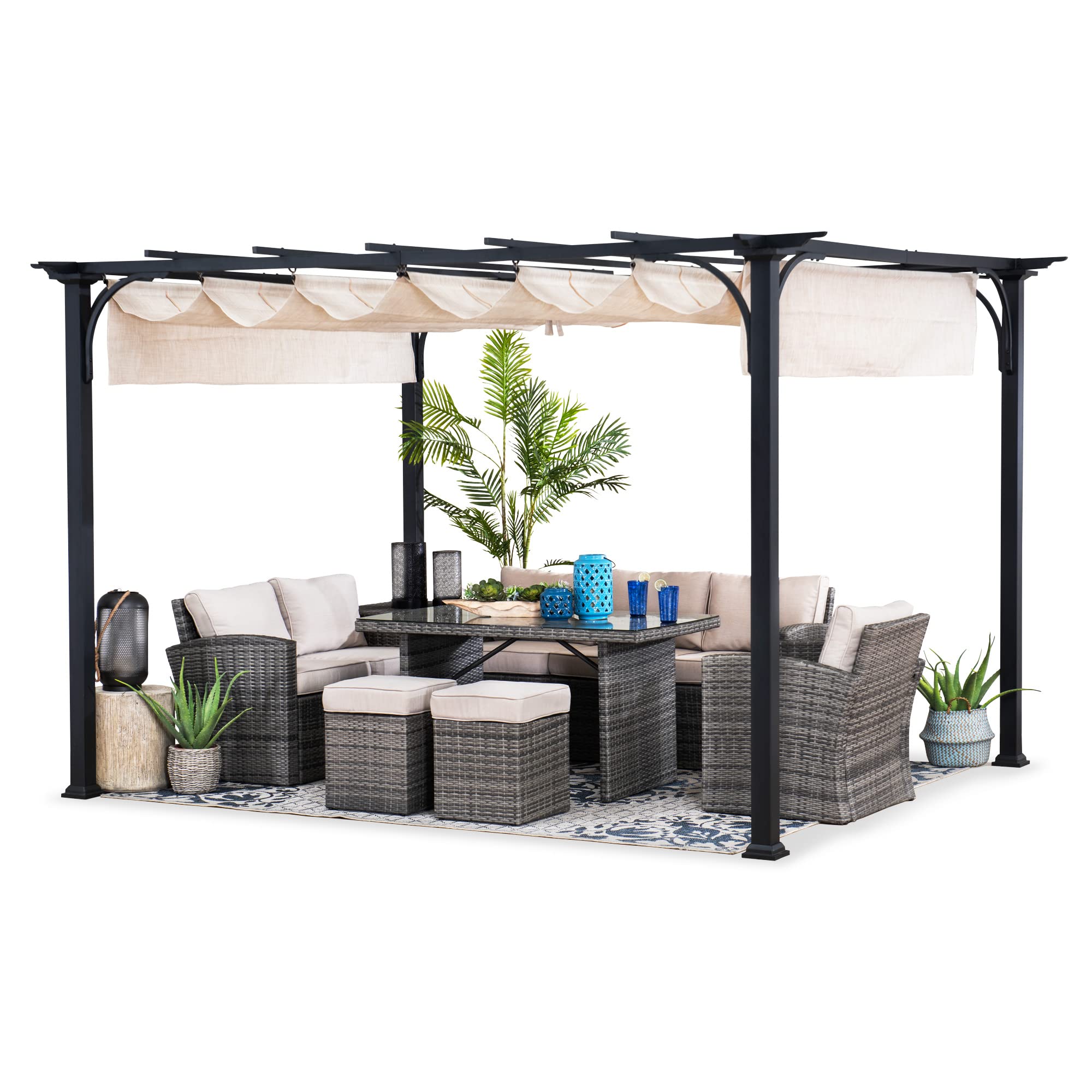 Sunjoy Outdoor Pergola 9 x 12 ft. Patio Black Steel Frame Pergola with Retractable Beige Canopy Shade for Backyard, Garden Activ