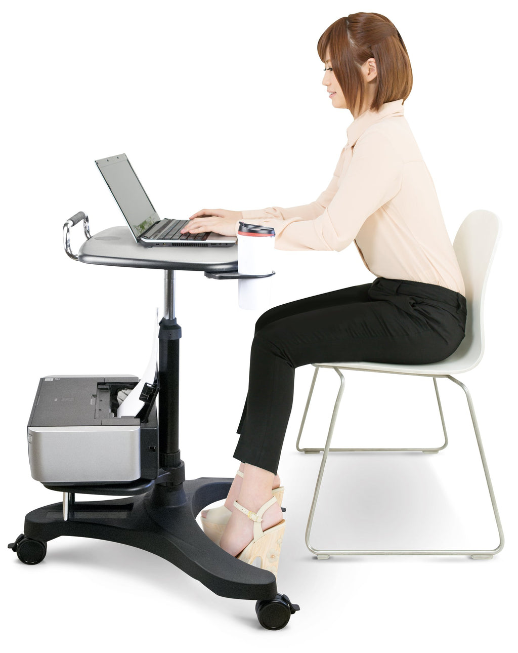Aidata Ergonomic Sit-Stand Mobile Laptop Cart Work Station with Printer Shelf, Black, LPD009P