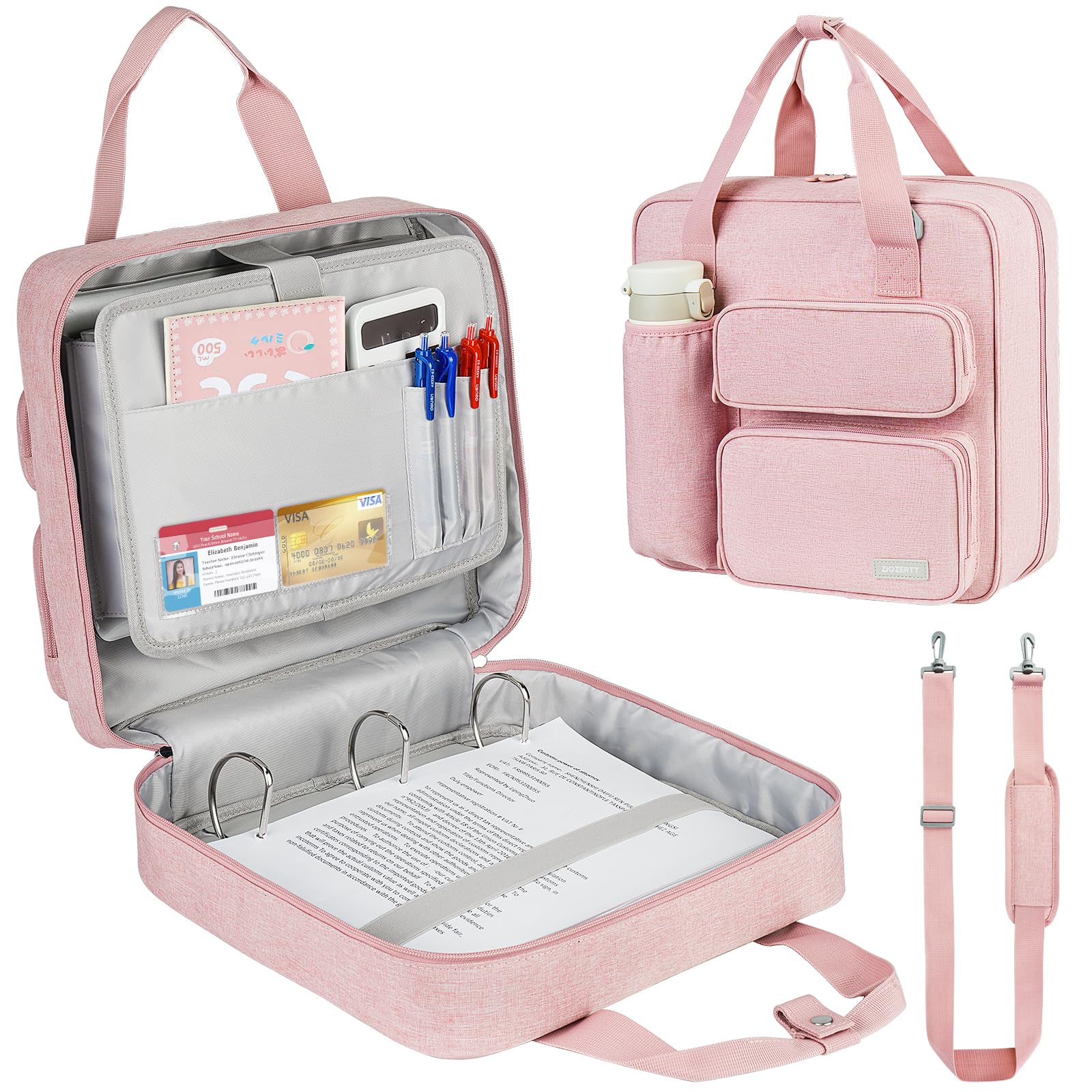 Zipper Binder 3 Ring, 700 Sheets Capacity, Binder 3 Inch With Shoulder Strap Fits 13 Inch Laptop For School And Office,Pink