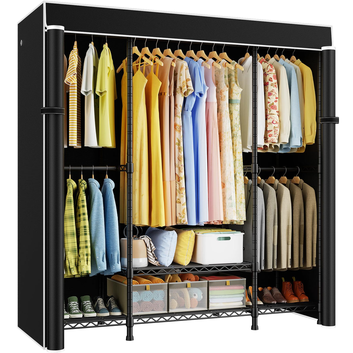 ULIFHOME E3C Heavy Duty Portable Closet Wardrobe with Black Fabric Cover