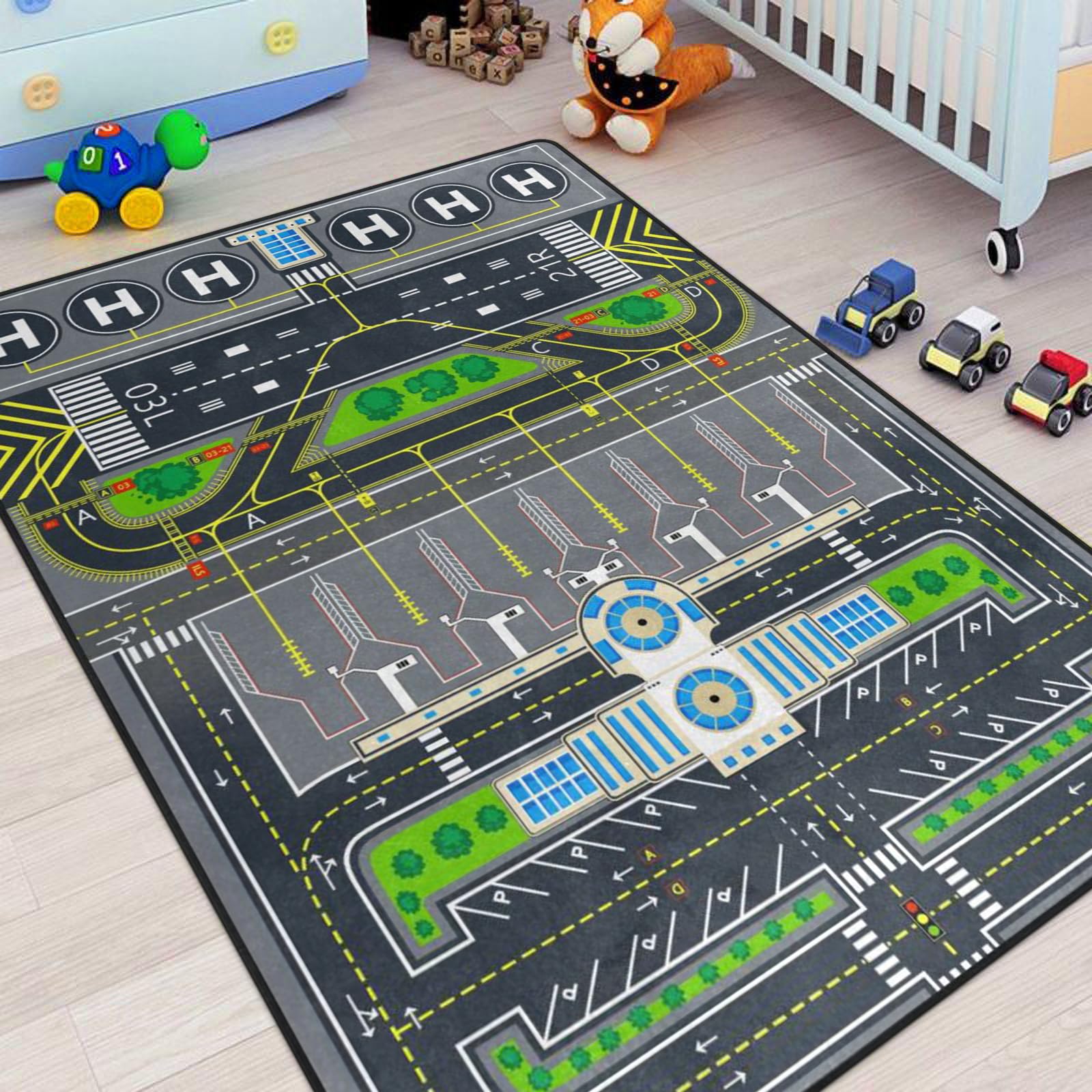 Kids Rug, Aircraft Runway Traffic System Playmat Rugs - 5X7 Ft Kids Carpet With Rubber Backing, Airplane Tarmac Airport Play Mat