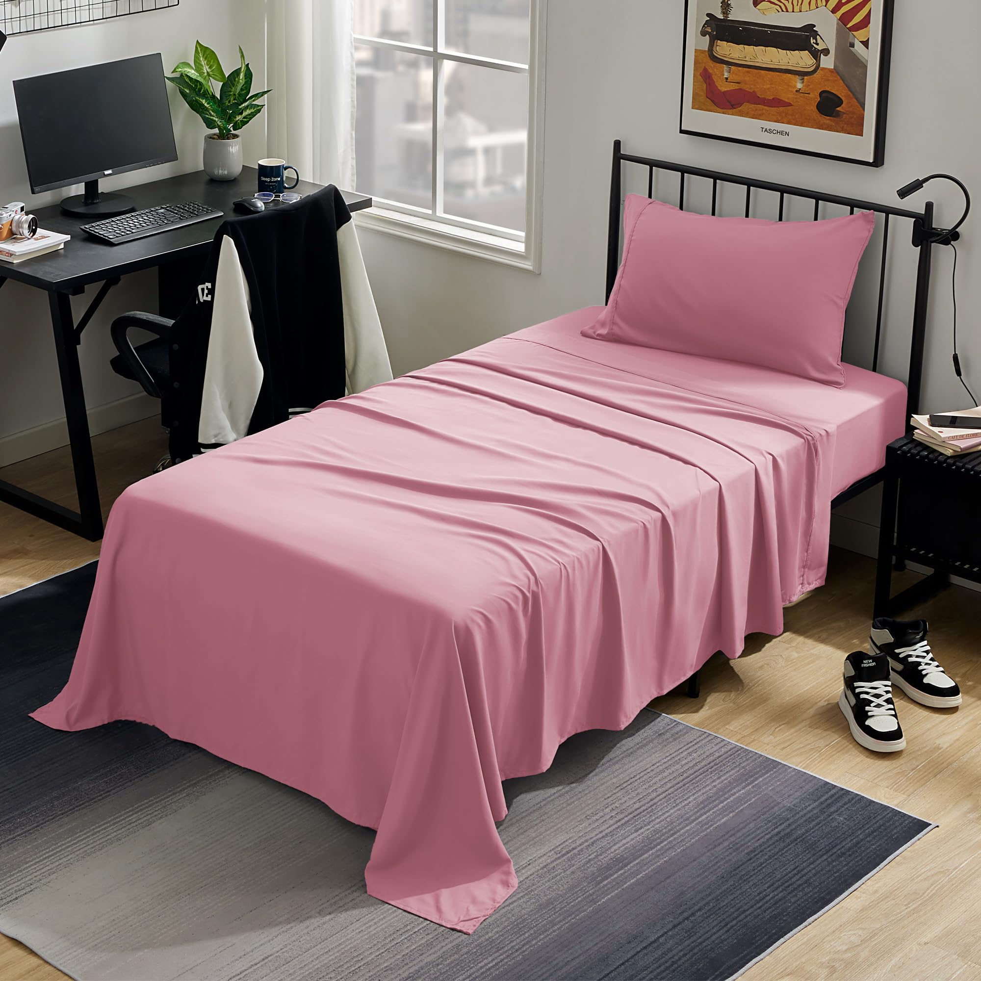 Sleep Zone Nanotex Super Soft Cooling Twin Bed Sheets Set For Kids 3 Piece - Easy Care Fitted Flat Sheet & Pillowcase Sets - Wrinkle Free, Fade Resistant, Deep Pocket 16' (Ballet Pink, Twin)