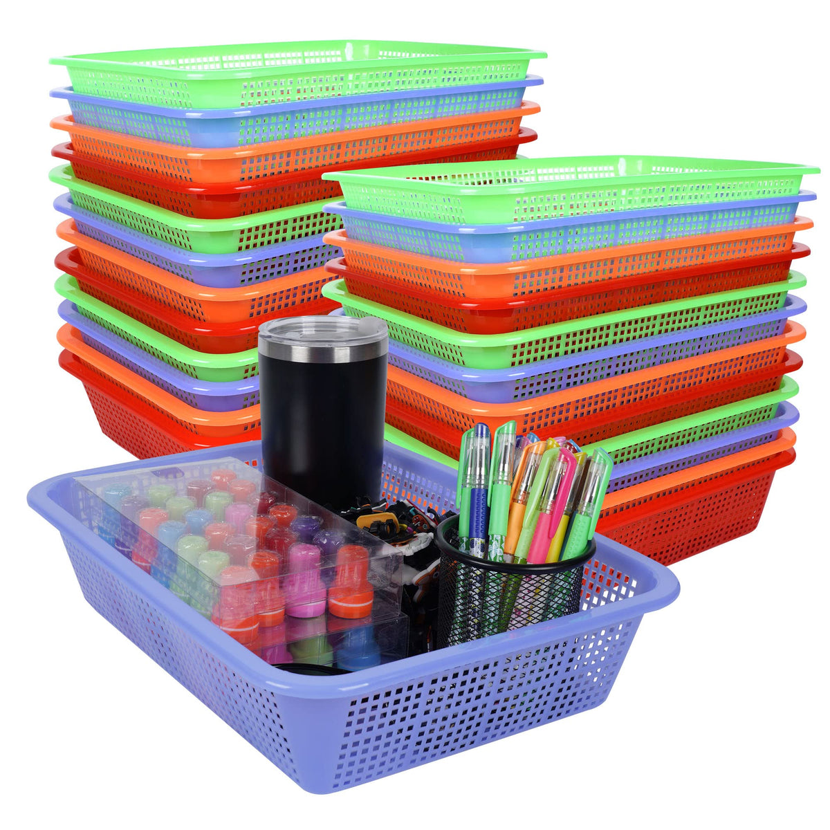 Kolewo4ever 24 Pack Classroom Storage Baskets Pencil Organizer Bins 13.5 x 10 x 3 Inch Paper Trays Basket Plastic Book Basket fo