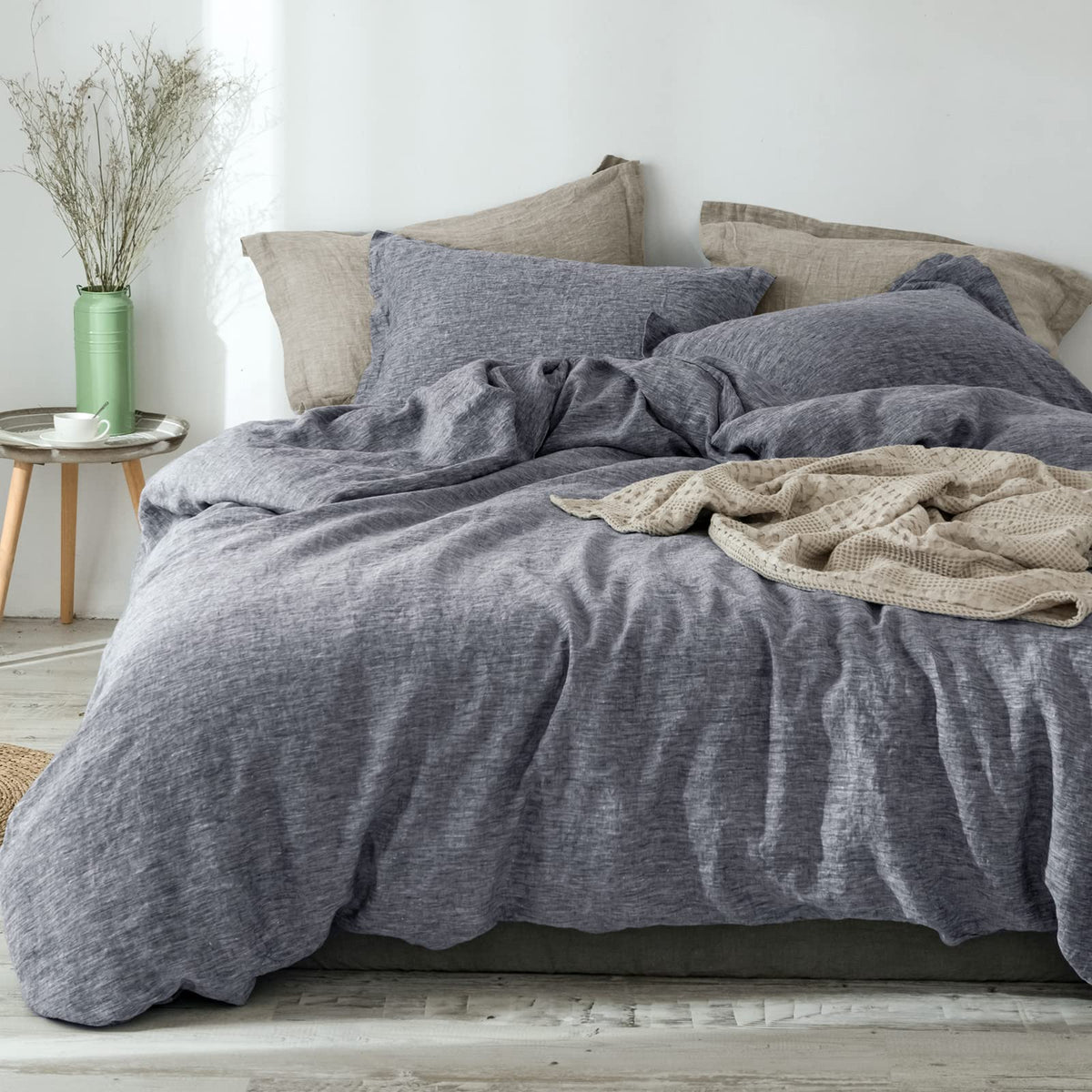 Phf 100% Linen Duvet Cover Set Queen, Washed Soft French Flax Linen Comforter Cover, Breathable Durable Cooling Duvet Cover For