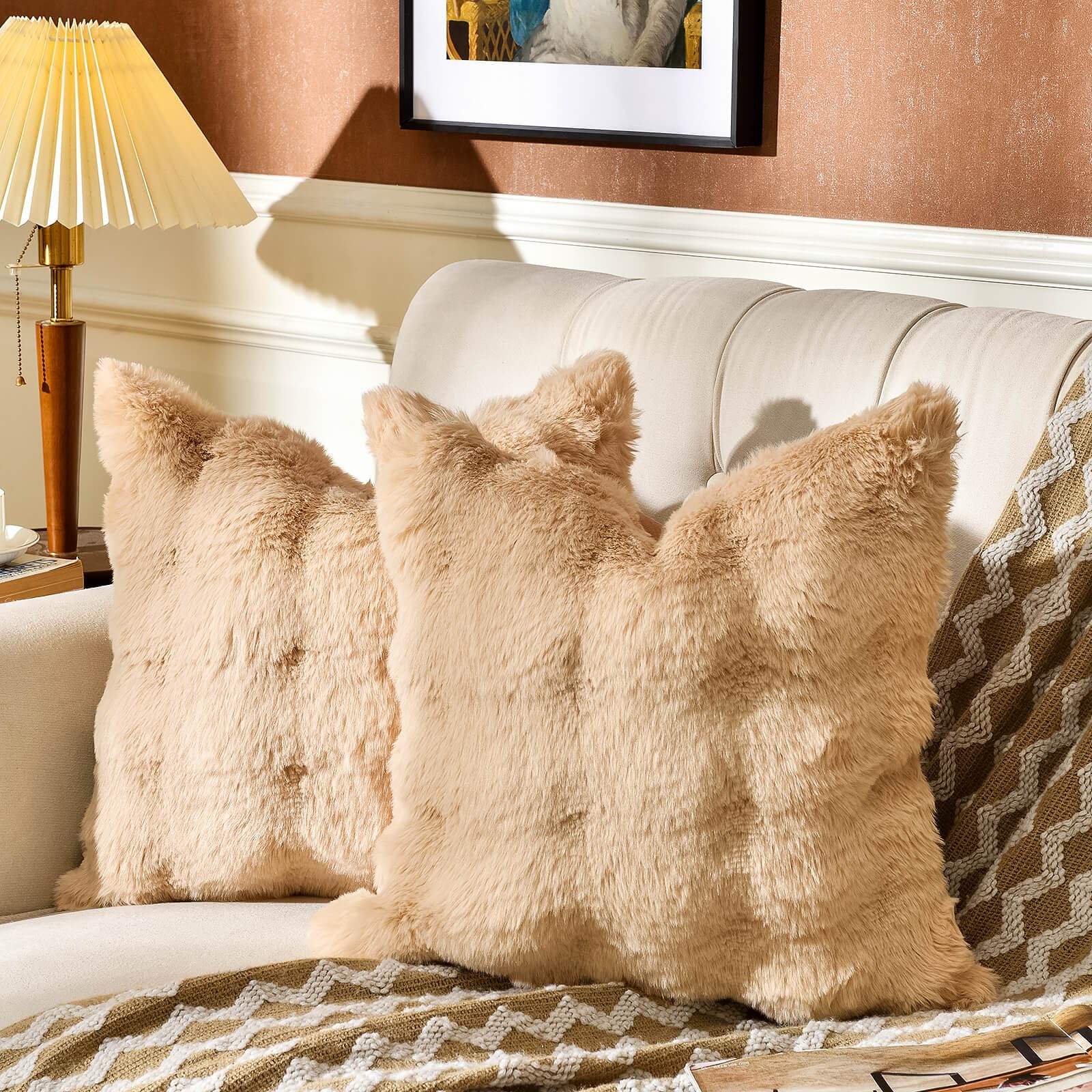 Amhoo Pack Of 2 Throw Pillow Covers 3D Dense Faux Rabbit Fur Cozy Super Soft Fuzzy Set Case Cushion For Couch Sofa Bedroom 18 X