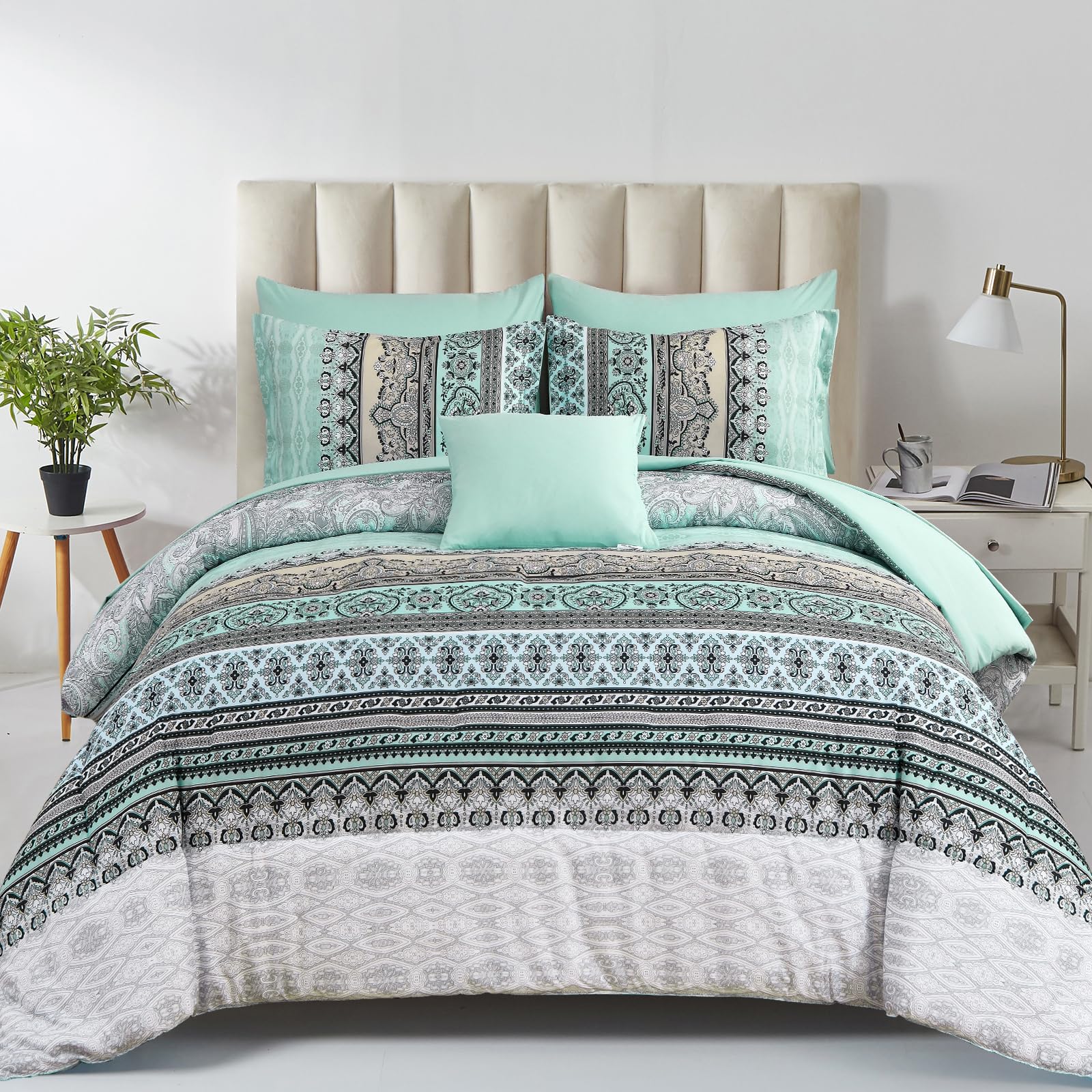 Boho Comforter Set Queen Size,8 Piece Bed In A Bag Sage Green Paisley Comforter And Sheet Set,Striped Bedding Set Soft Microfibe