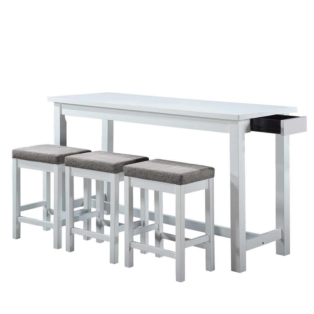 Benjara 1 Drawer Counter Height Table with Backless Stools,Set of 4, White and Gray
