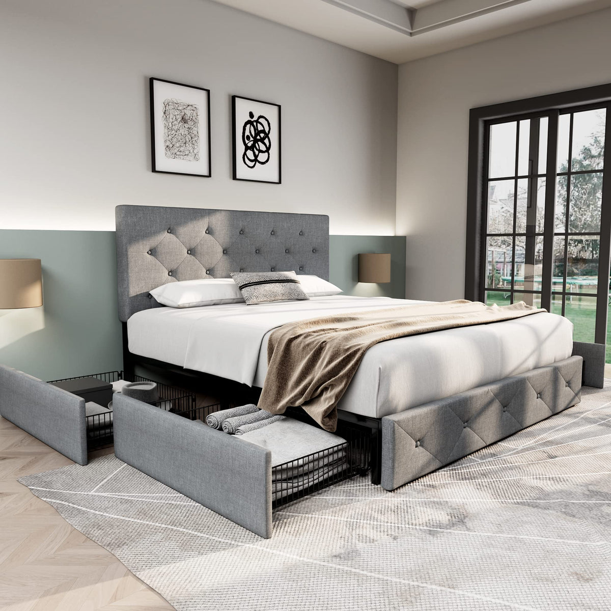 Allewie Upholstered Full Size Platform Bed Frame With 4 Storage Drawers And Headboard, Diamond Stitched Button Tufted, Mattress Foundation With Wooden Slats Support, No Box Spring Needed, Light Grey