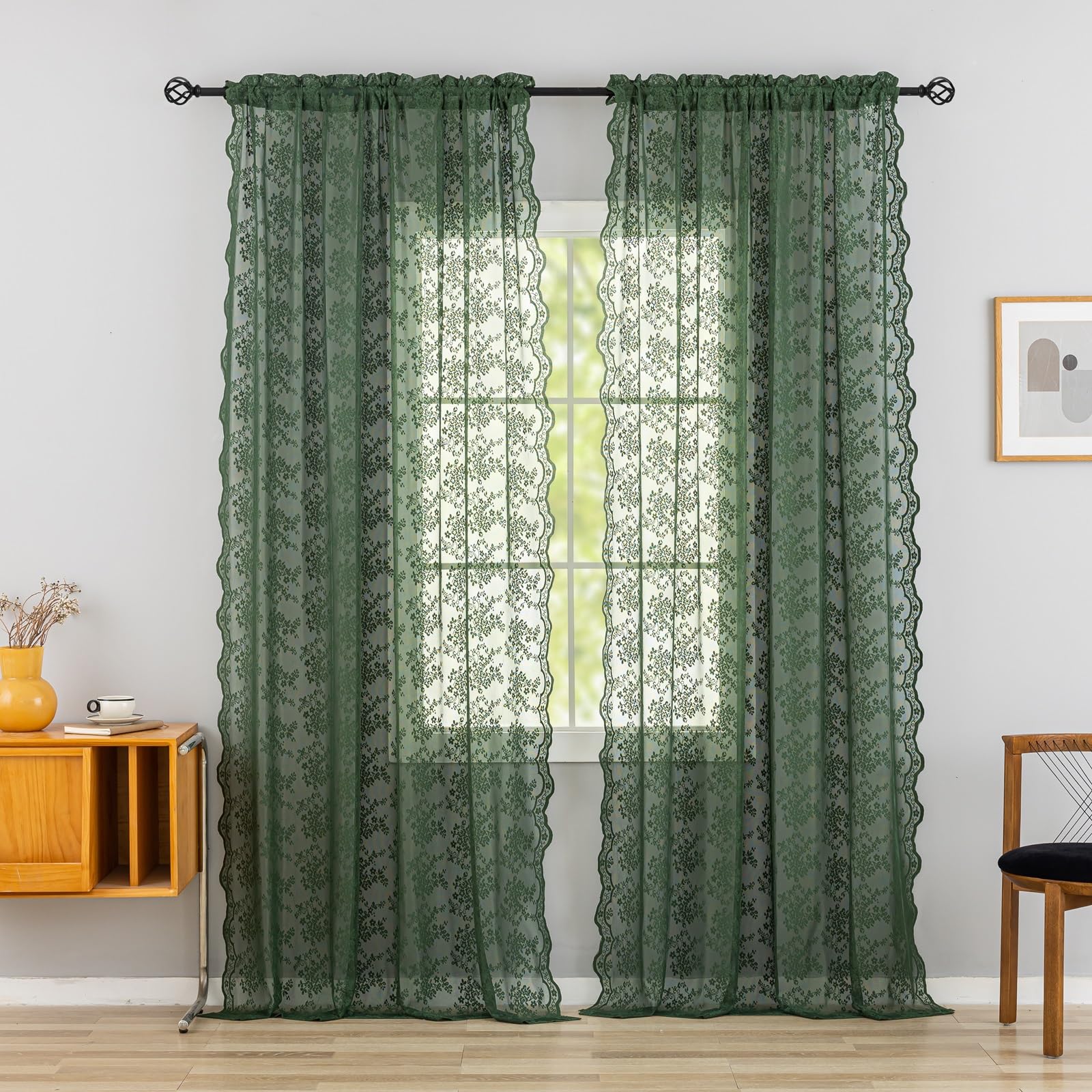 Yj Yanjun Olive Green Lace Curtains 96 Inches Long Vintage Floral Pattren Green Boho Curtains 2 Panels Light Filter Provide Priv