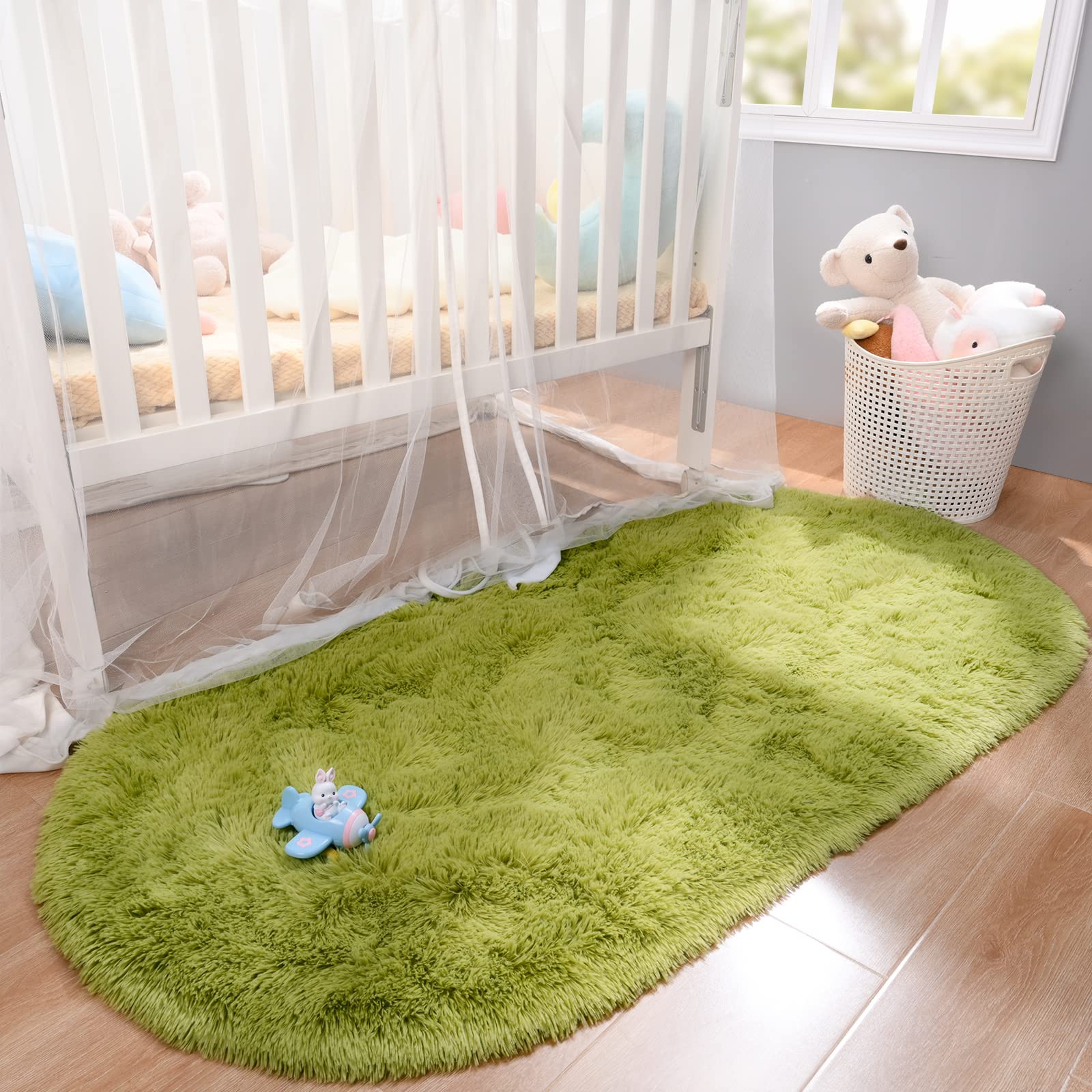 Merelax Soft Shaggy Rug For Kids Bedroom, Oval 2.6'X5.3' Green Plush Fluffy Carpets For Living Room, Furry Carpet For Teen Girls