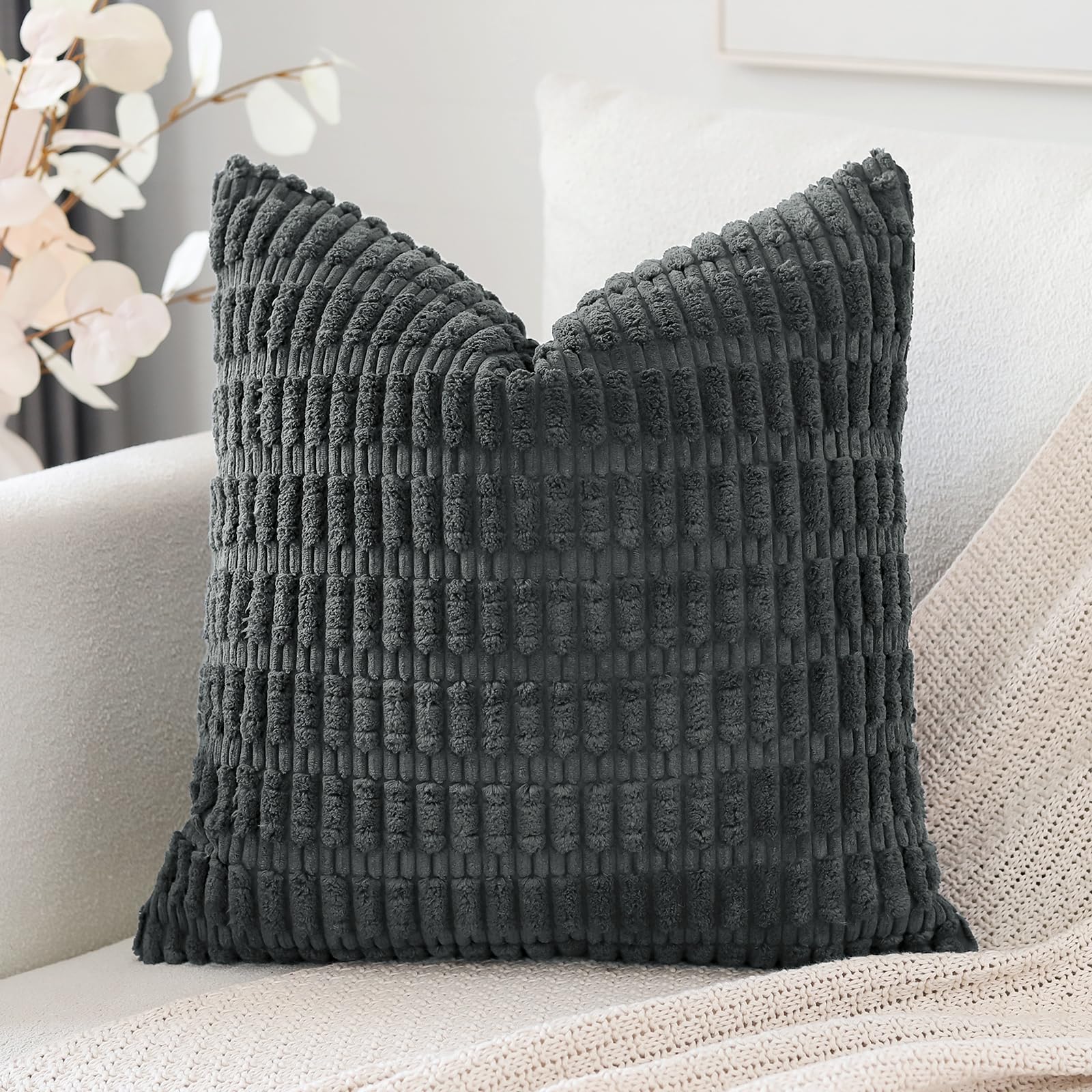 Otostar Corduroy Decorative Throw Pillow Covers 18X18 Inch Super Soft Boho Striped Square Pillow Covers Case Modern Cushion Covers For Sofa Couch Bedroom Car Decor Dark Grey