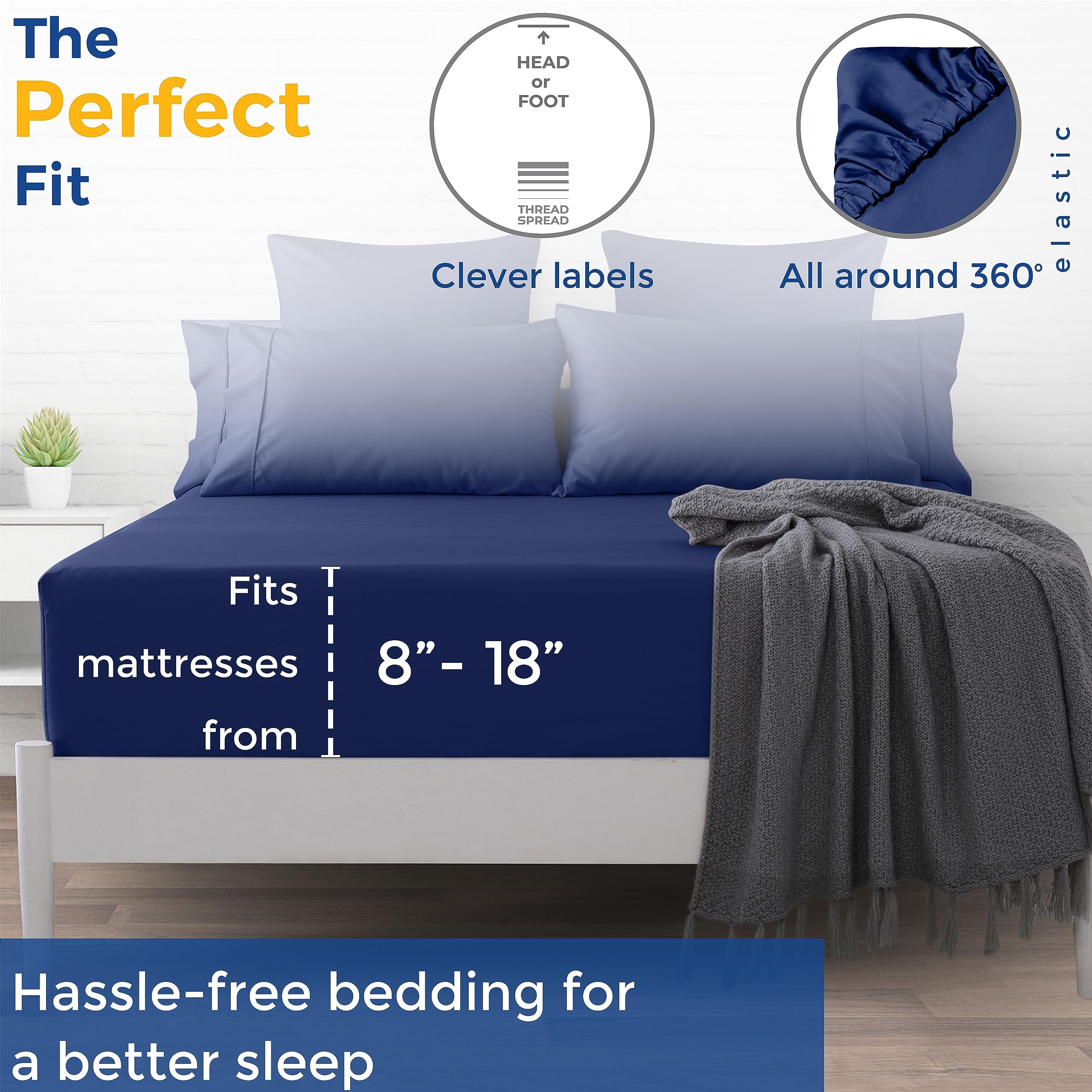 Thread Spread 100% Egyptian Cotton Fitted Sheet Twin Size - 600 Thread Count 16' Deep Pocket Twin Fitted Sheet Only, Soft Cooling Elastic Bottom Sheet, Fits College Dorm Mattress, Teens - Navy Blue