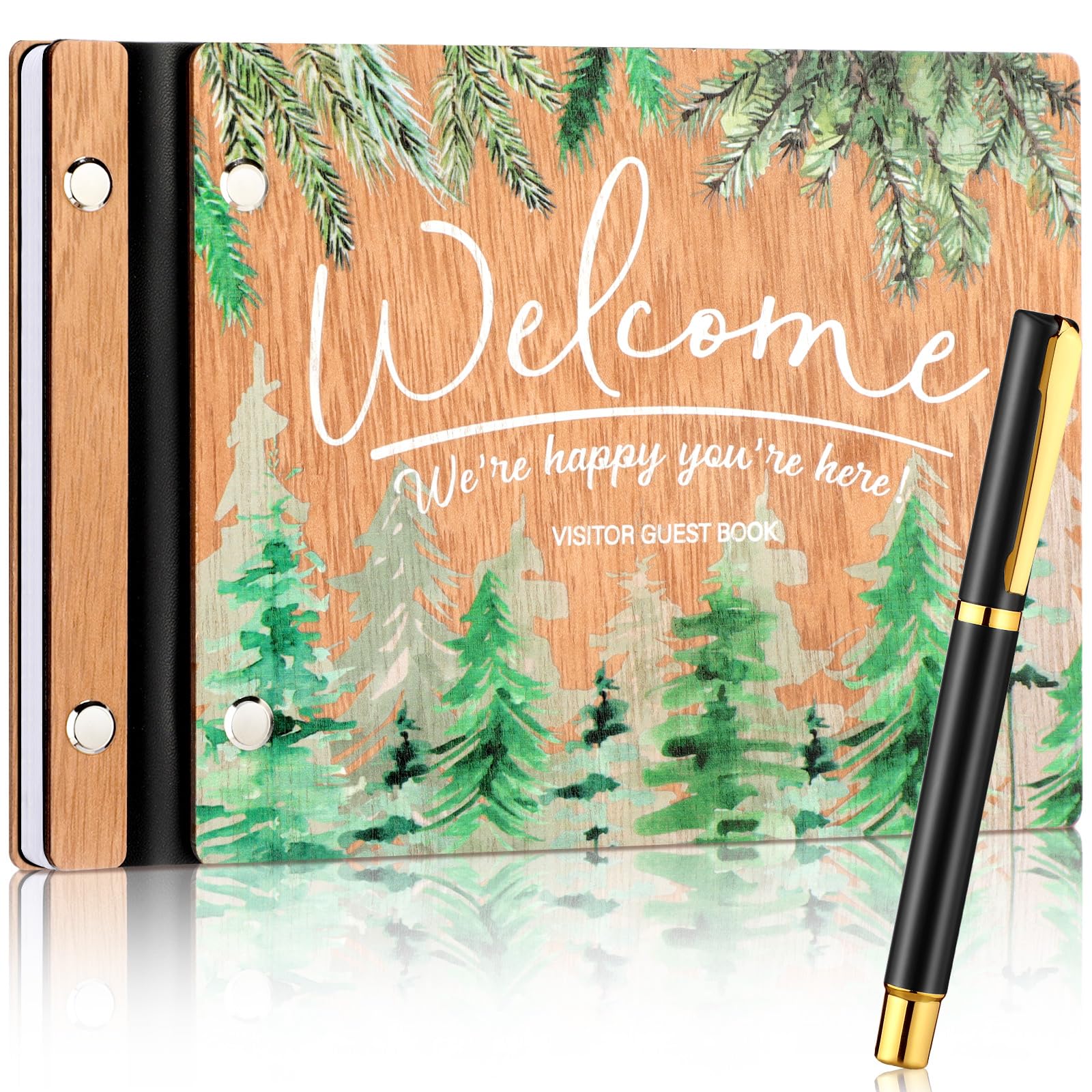 Skyygemm Welcome Guest Book Wood Cover Visitor Log Book Rustic Wedding Memory Scrapbook with Pen 8 x 6 Inches Neutral Pine Photo