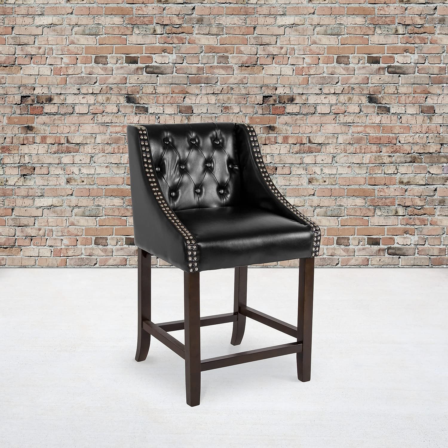 Flash Furniture Carmel Series 24' High Transitional Tufted Walnut Counter Height Stool With Accent Nail Trim In Black Leathersoft