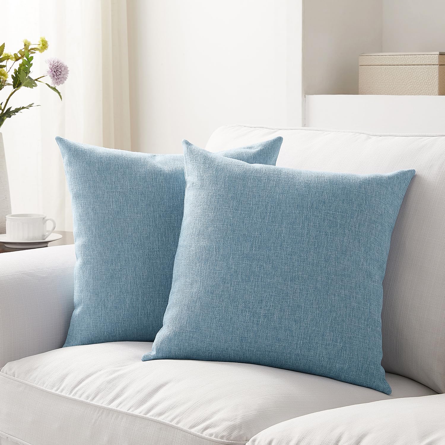 Meekio Set Of 2 Light Blue Pillow Covers 20 X 20 Inch Farmhouse Boho Decorative Throw Pillow Covers Linen Cushion Covers For Sof