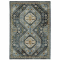 HomeRoots 508092 8 x 11 ft. Blue Gold Ivory & Navy Oriental Power Loom Stain Resistant Rectangle Area Rug with Fringe