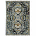 HomeRoots 508092 8 x 11 ft. Blue Gold Ivory & Navy Oriental Power Loom Stain Resistant Rectangle Area Rug with Fringe