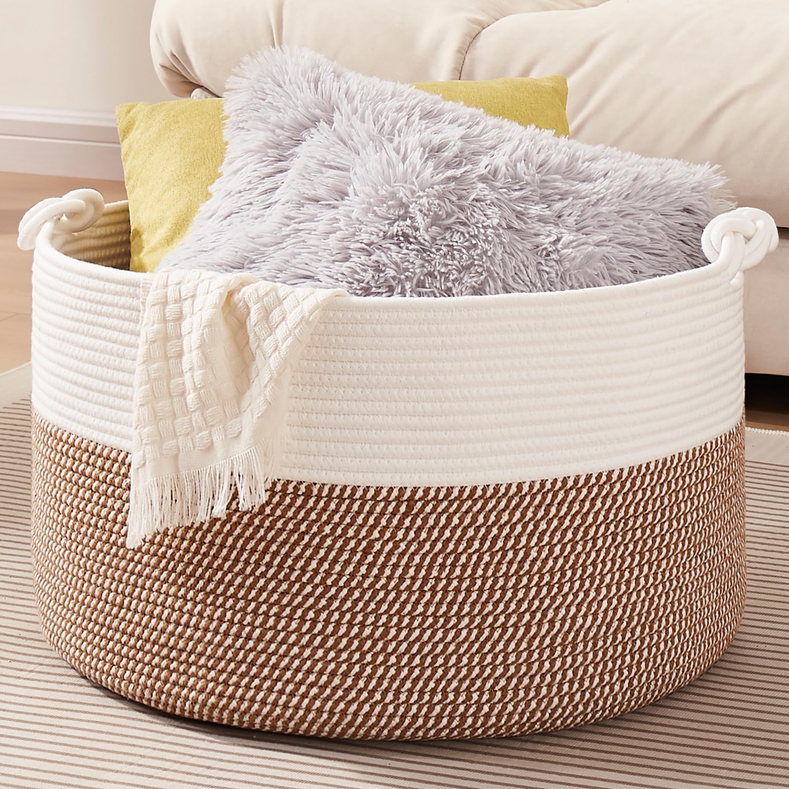 OIASKET Large Blanket Storage Basket for Living Room, 22.8 x 22.8 x 13 Woven Cotton Rope Basket with Handles, Baby Toy Storage, 