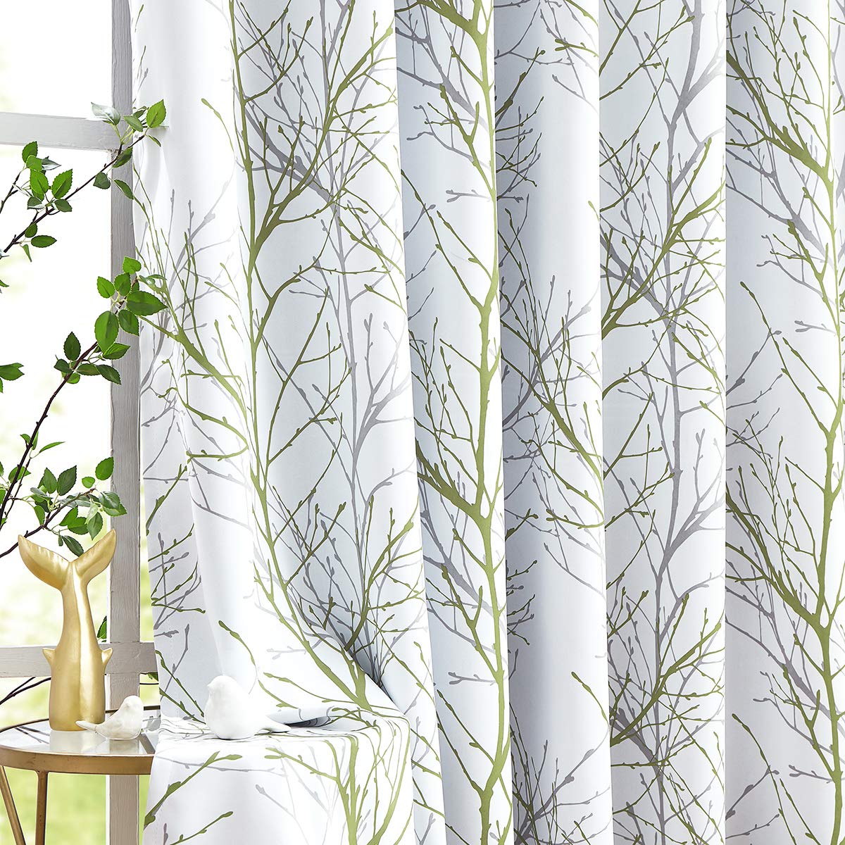 Green Branch Blackout Window Treatment 96 Inches Length Tree Print 100% Blackout Curtain Panels For Bedroom Grommet Top Thermal