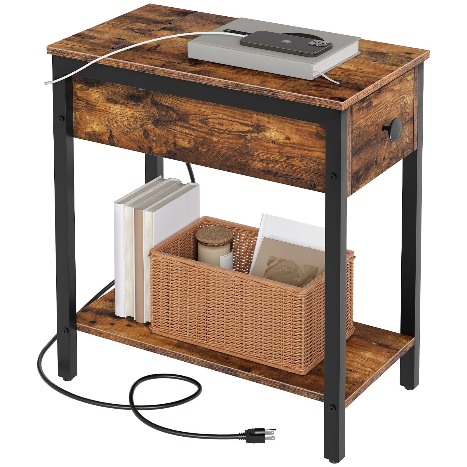 HOOBRO End Table with Charging Station, Narrow Side Table, Small Nightstand, Bedside Tables with Drawer and Storage Shelves, for