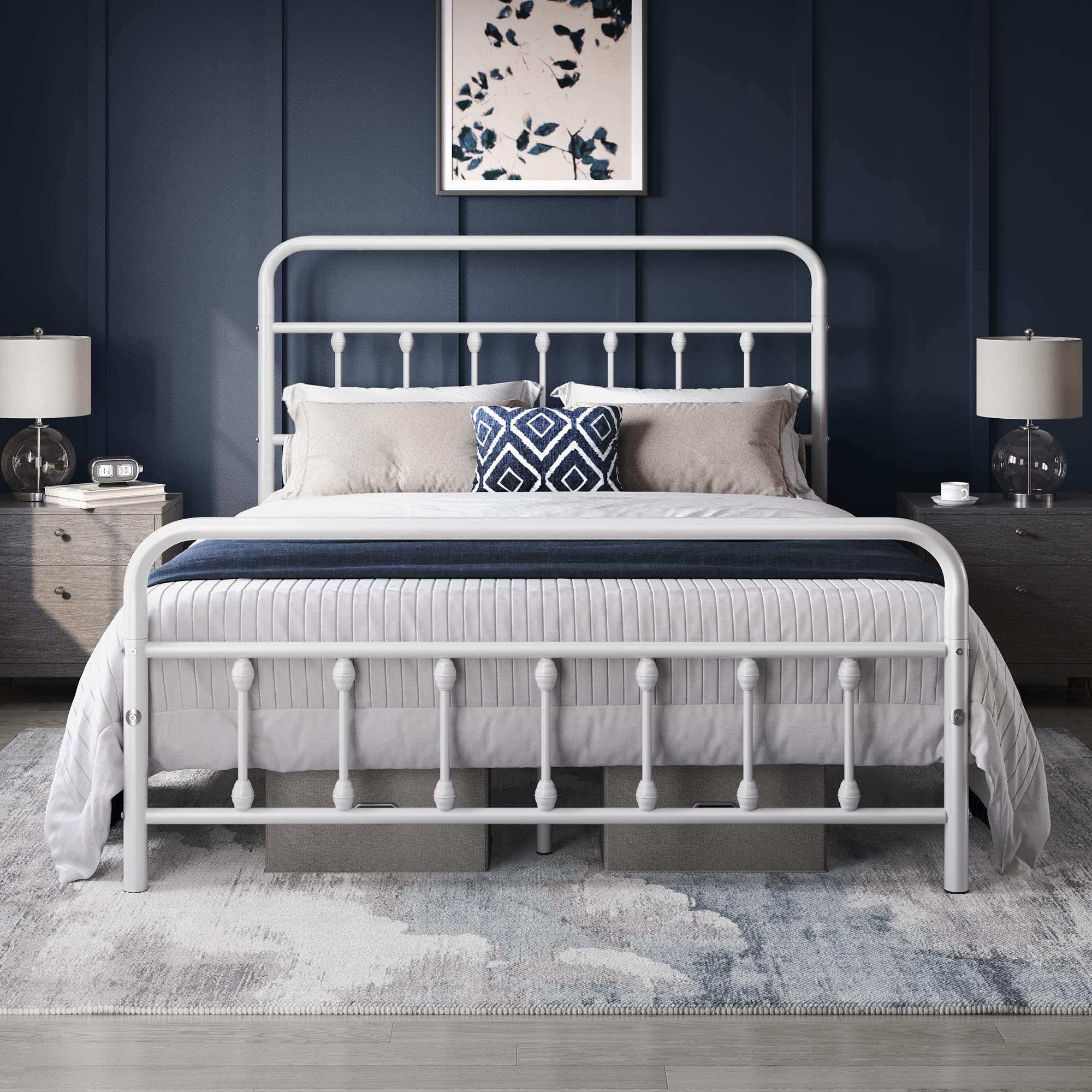 Yaheetech Classic Metal Platform Bed Frame Mattress Foundation With Victorian Style Iron-Art Headboard/Footboard/Under Bed Storage/No Box Spring Needed/Queen Size White