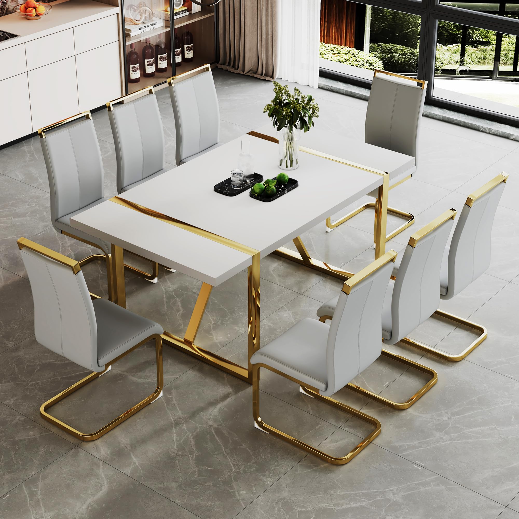 Ebullient White Rectangular Mdf Kitchen Table And Leather Dining Chairs Set Of 8, Modern Gold Metal Frame Dinner Table Set For 8