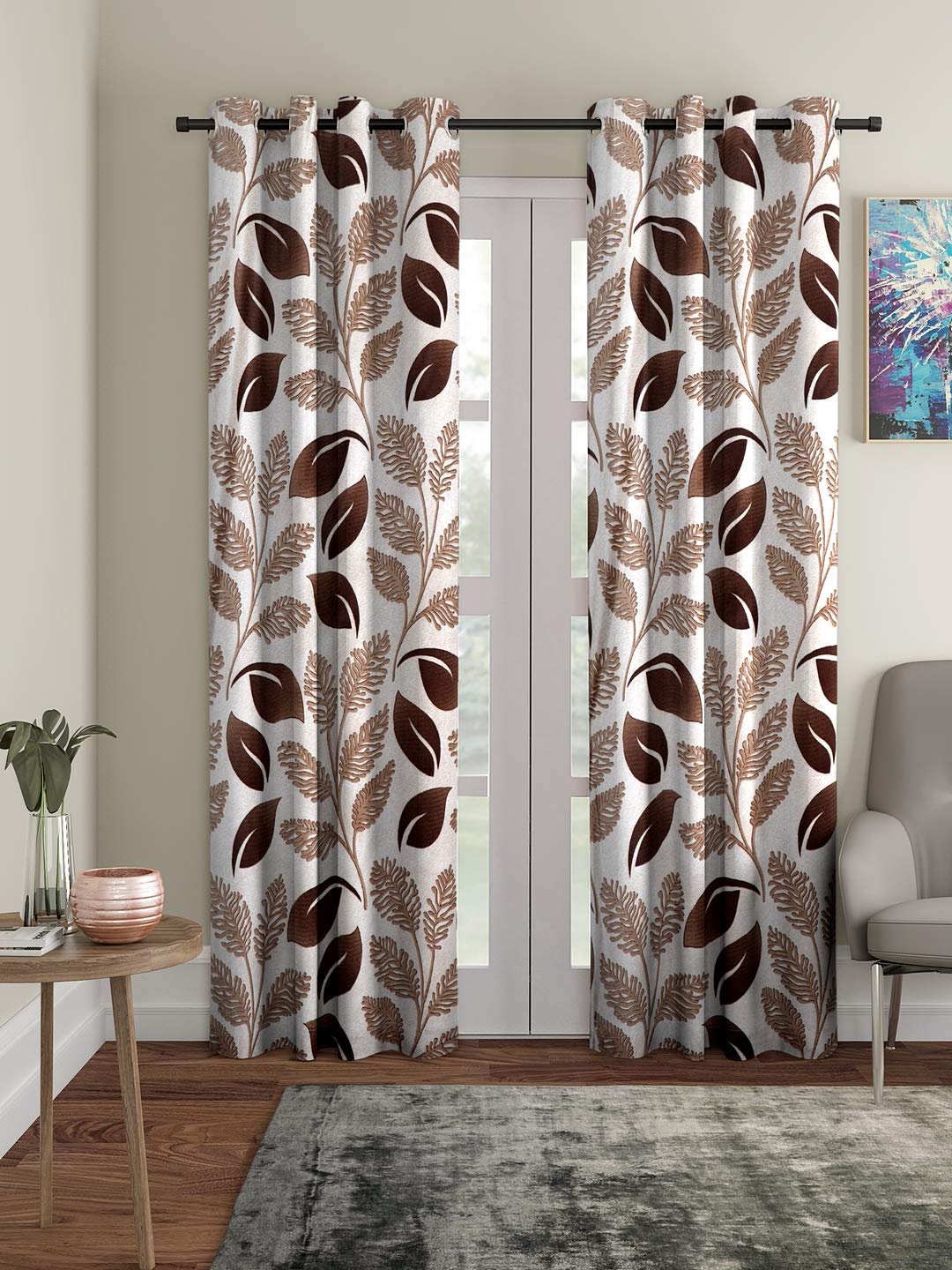 Cortina 2 Piece Floral Design Panel Eyelet Polyester Door Curtains  7 Feet, Brown | LightFiltering