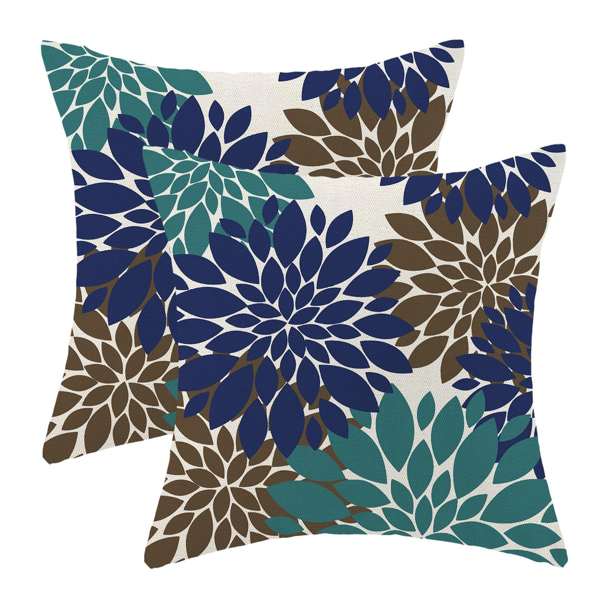 Cxmeifly Navy Blue Summer Outdoor Pillow Covers 18X18 Inch Set Of 2 Aqua Teal Brown Dahlia Floral Decor Throw Pillows Modern Geo