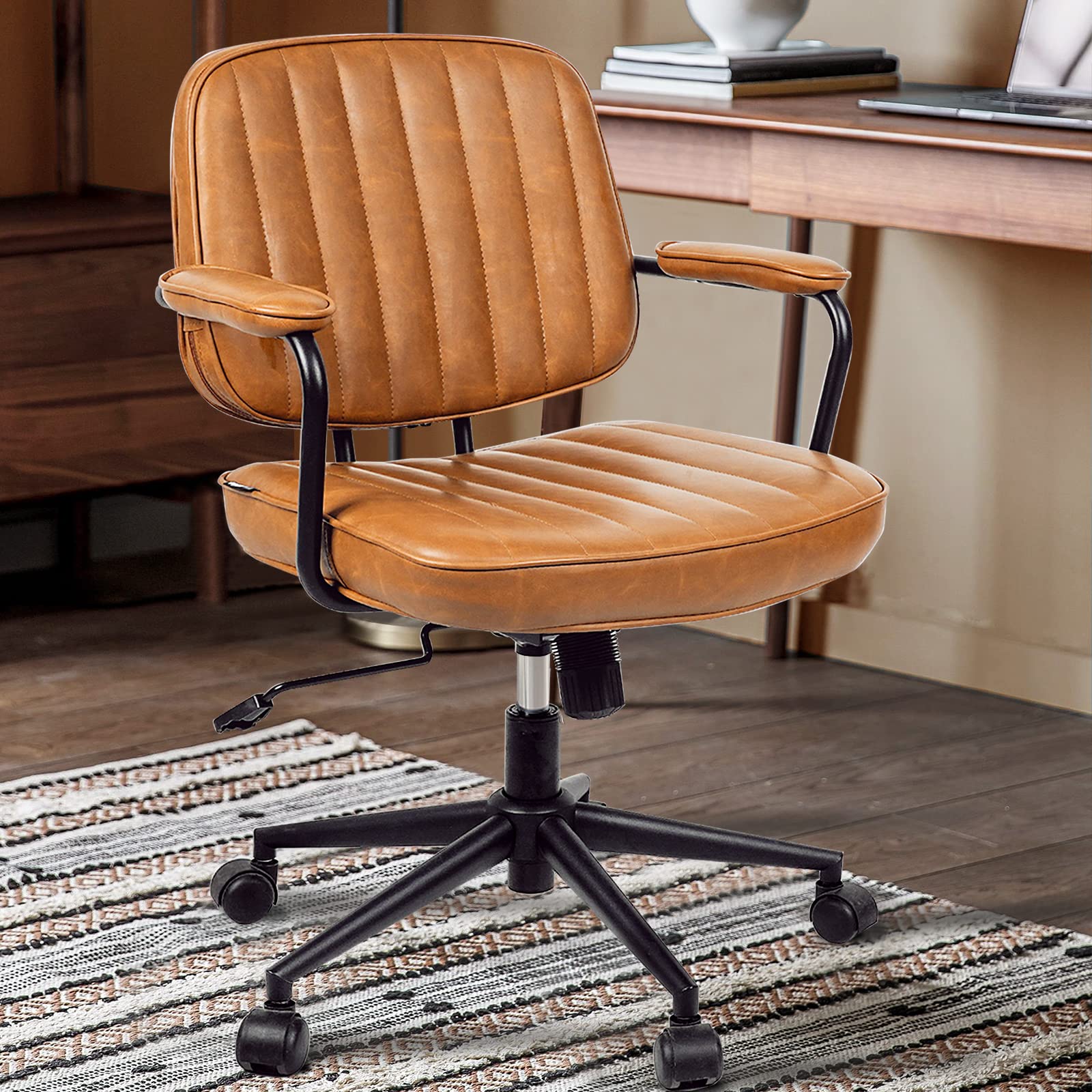 Artswish Mid Century Desk Chair Leather Office Chair Brown Office Desk Chair Home Office Chair With Wheels And Arms