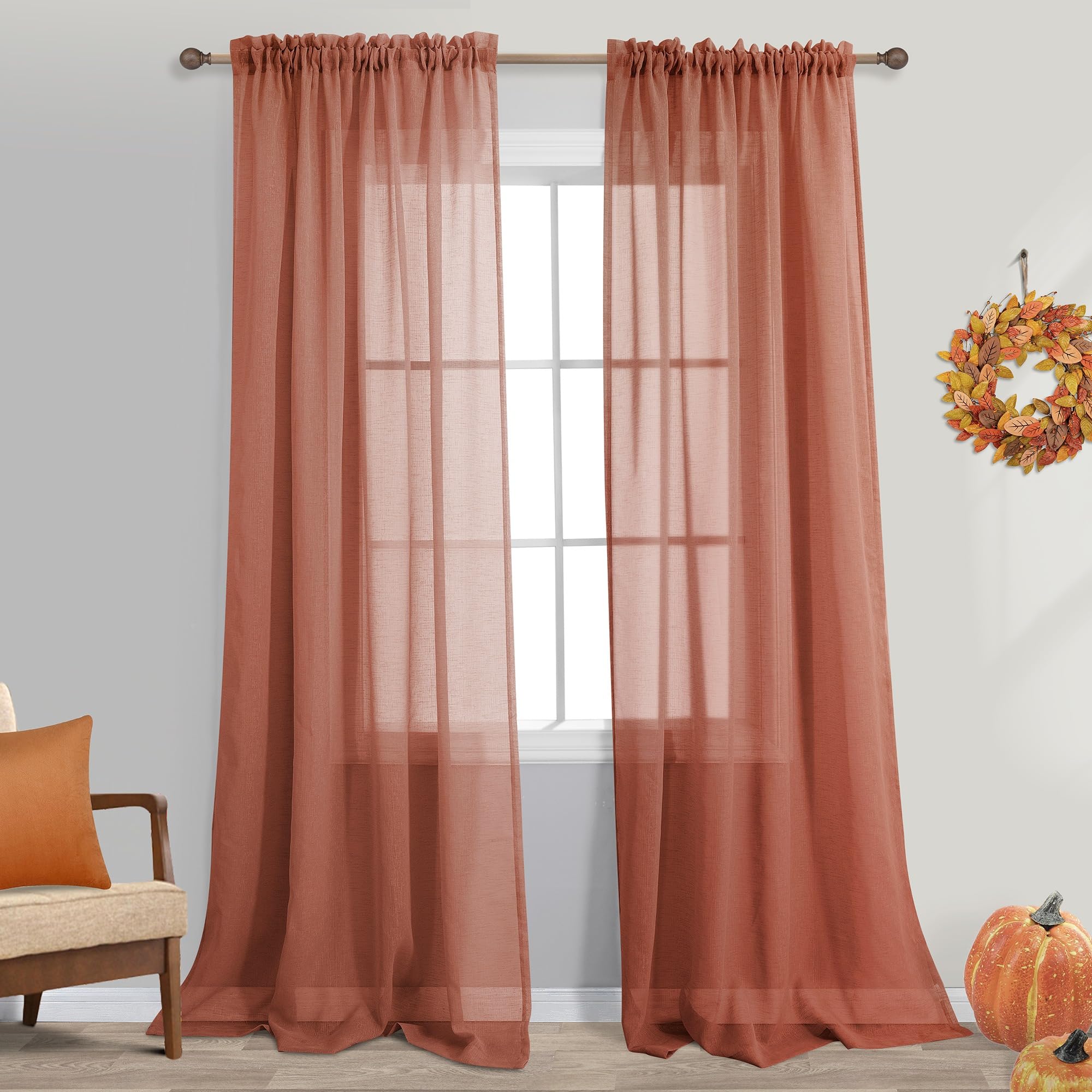 KOUFALL Terracotta Rust Colored Curtains 84 Inches Long for Living Room,Sheer Linen Look Boho Rustic Farmhouse Curtains for Bedr