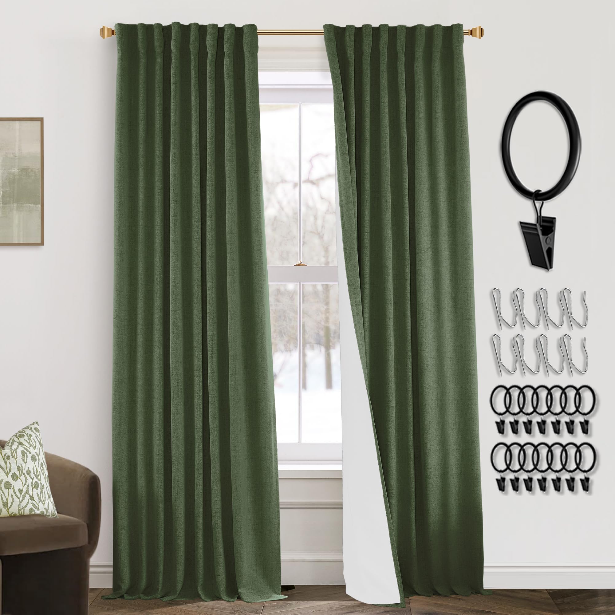PANELSBURG 102 Inch Length Olive Green 100% Blackout Back Tab/Rod Pocket Thermal Insulated Linen Curtains Set 2 Panels