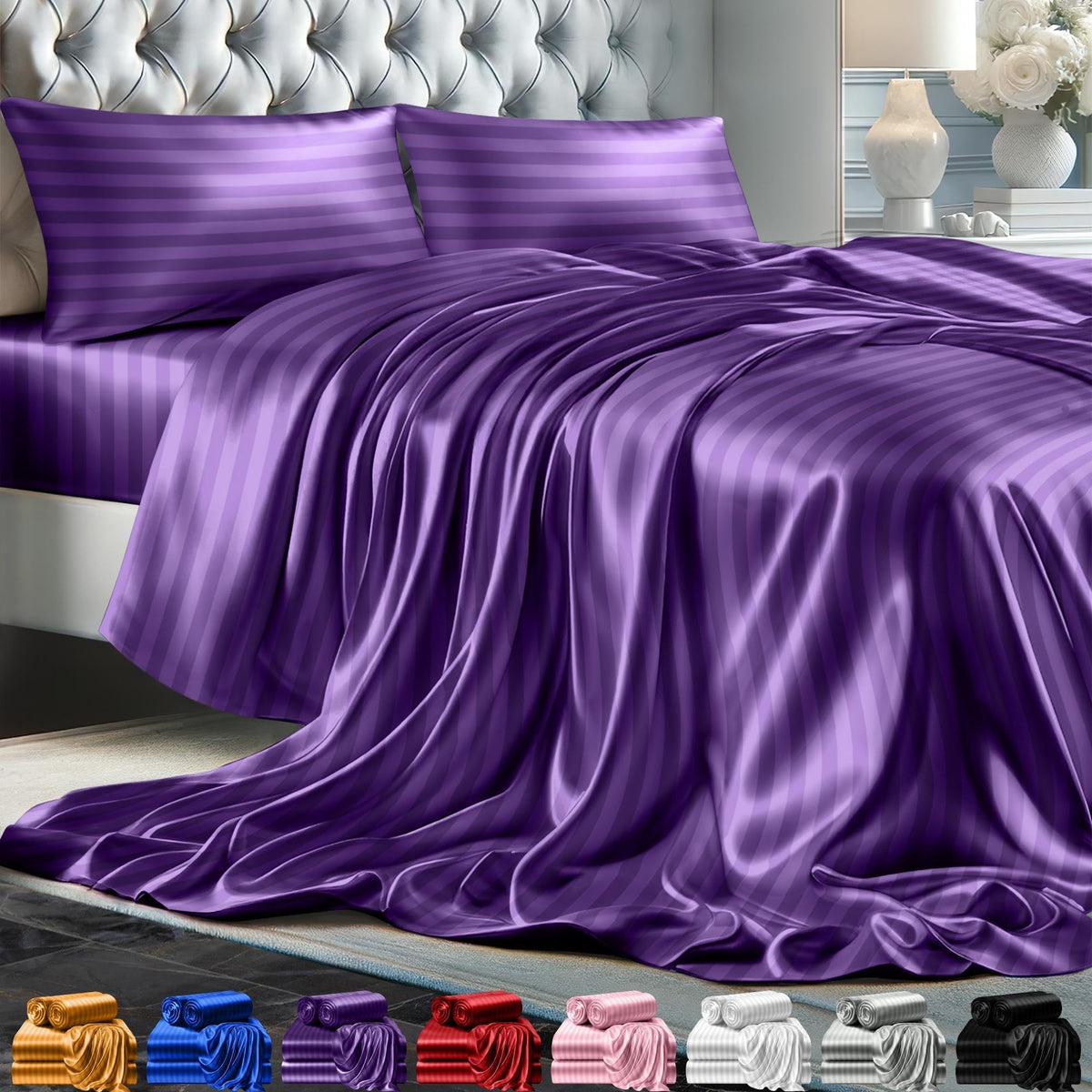 Decolure Striped Satin Sheets Set King 4Pc - Luxury Silk Feel Satin Sheets King - Elegant Silky Soft King Size Satin Bed Sheets