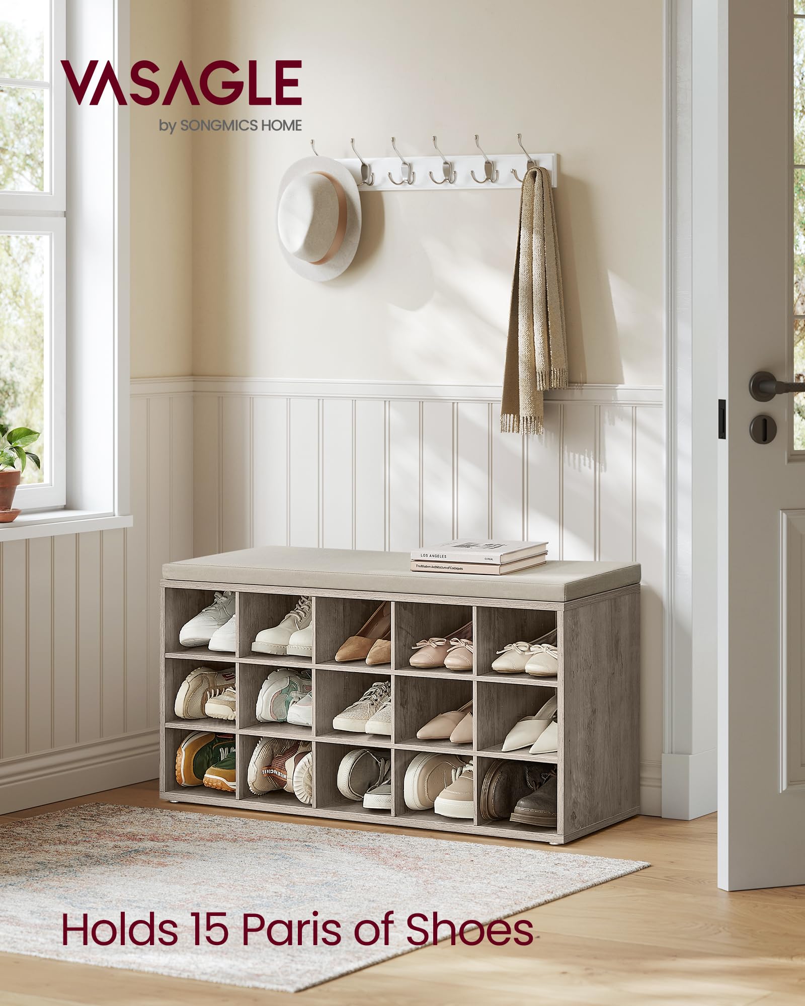 Vasagle Shoe Bench With Cushion, Storage Bench With Padded Seat, Entryway Bench With 15 Compartments, For Bedroom, 11.8 X 41.3 X 18.9 Inches, Heather Greige And Cappuccino Beige Ulhs015K01