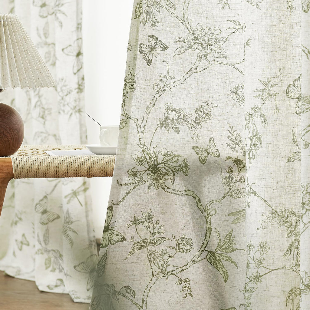 Lazzzy Linen Farmhouse Curtains Green Floral Curtains 63 Inch Length Back Tab Drapes For Living Room Bedroom Light Filtering Cou