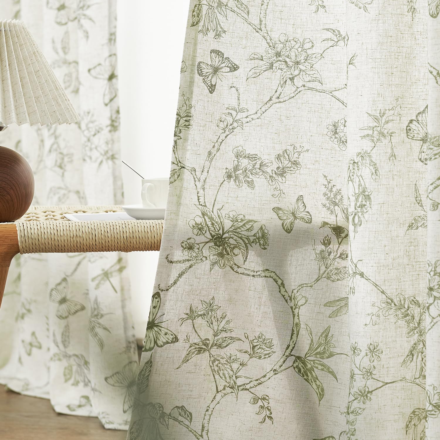 Lazzzy Linen Farmhouse Curtains Green Floral Curtains 63 Inch Length Back Tab Drapes For Living Room Bedroom Light Filtering Cou