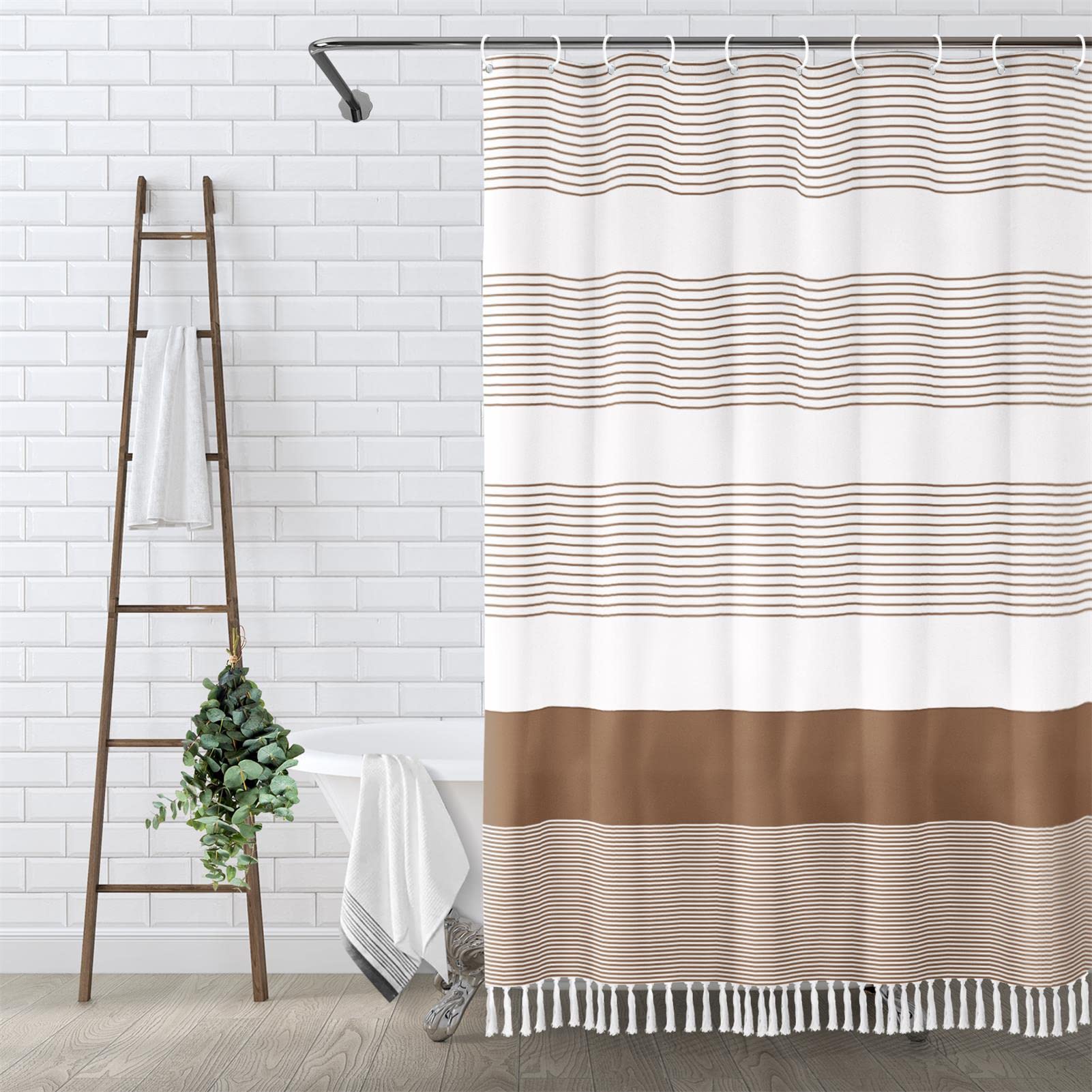Awellife Khaki Shower Curtain For Bathroom Stripe Tassel Shower Curtain 72 X 72 Inches Apricot Farmhouse Linen