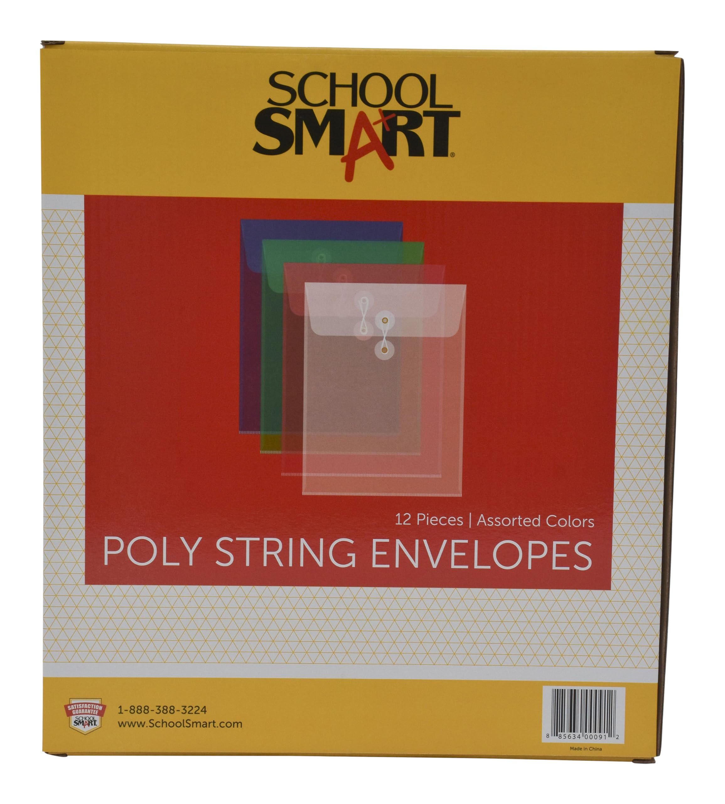 School Smart Expanding Poly String Envelopes, Letter Size, Top Load, Assorted Colors, Pack Of 12