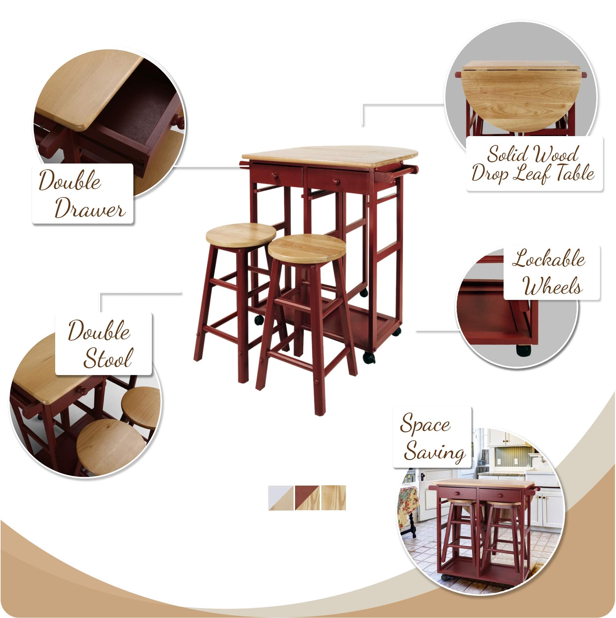 Casual Home Drop Leaf Breakfast Cart With 2 Stools-Red