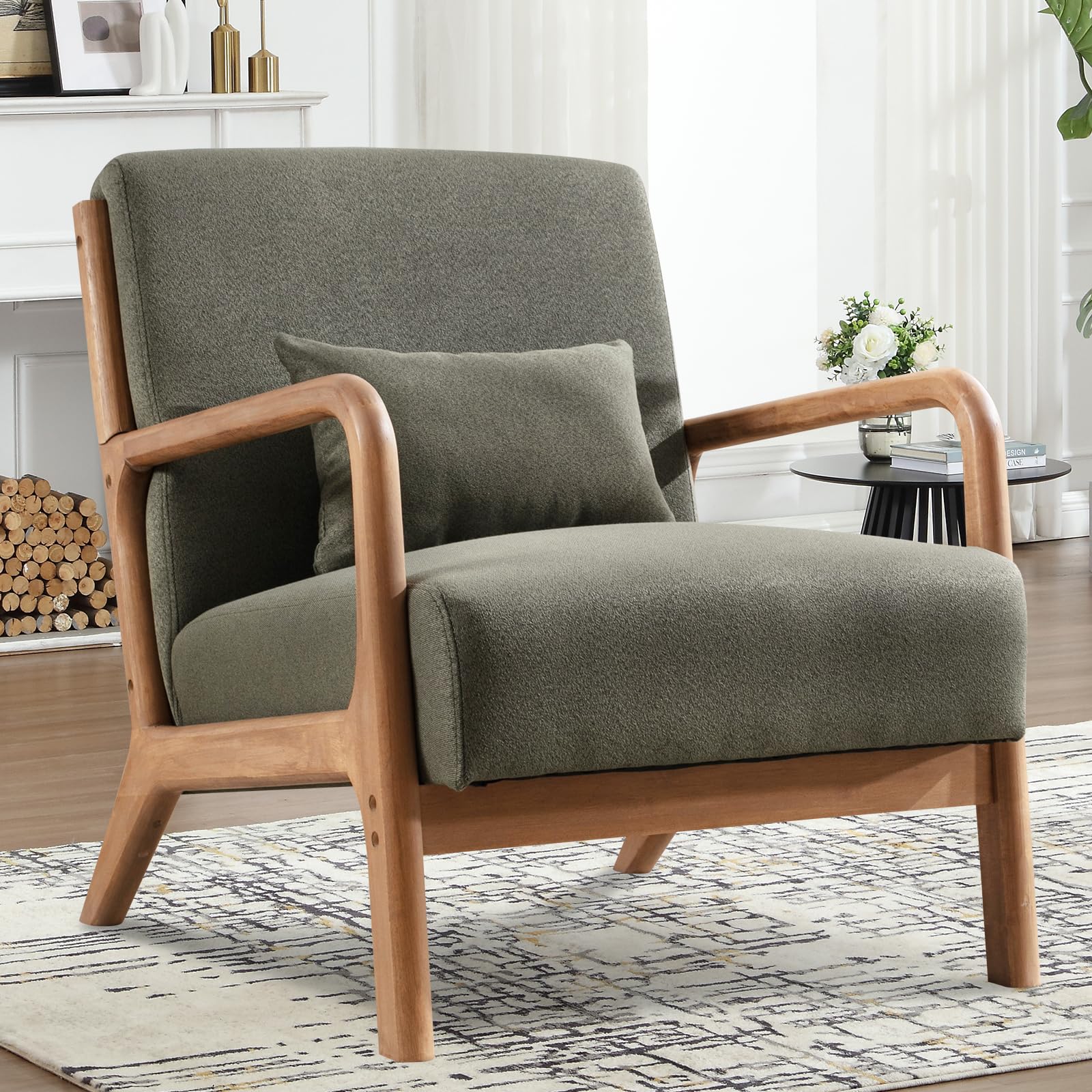 IOMOR Accent Chair Mid Century Modern Chair Linen Fabric Living Room Chairs with Solid Wood Frame Comfy Upholstered and Lumbar P