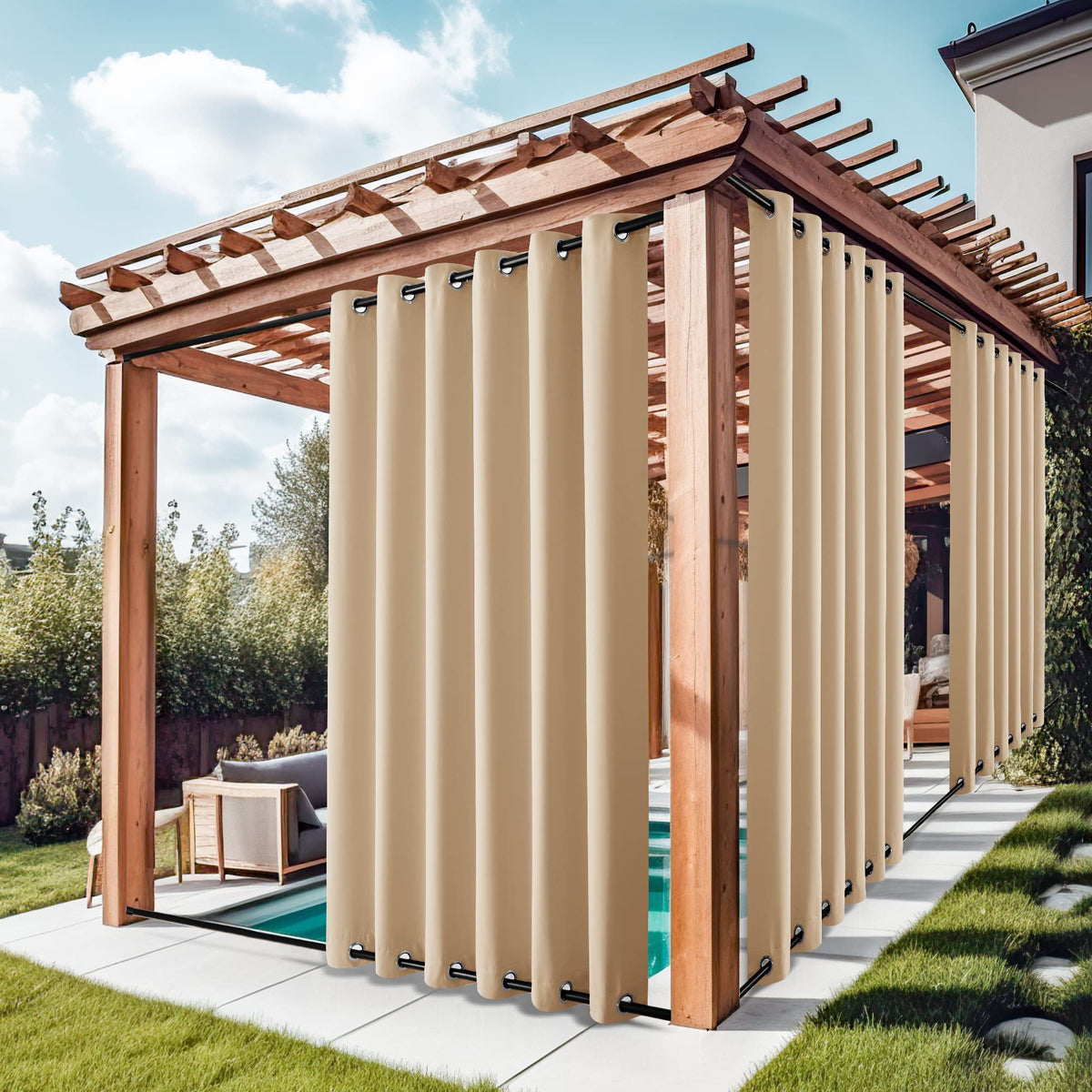 Nicetown 2 Panels Outdoor Curtains For Patio Waterproof, Rustproof Grommet Top & Bottom Weighted Outdoor Drapes Windproof Therma