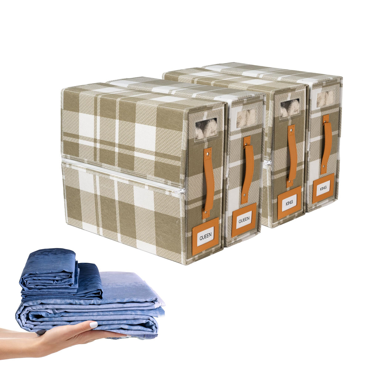 Home Of Dutton 4-Pack Bed Sheet Organizers| Light Brown Storage And Foldable Sheet Organizer For Linen Closets, Clear Window For