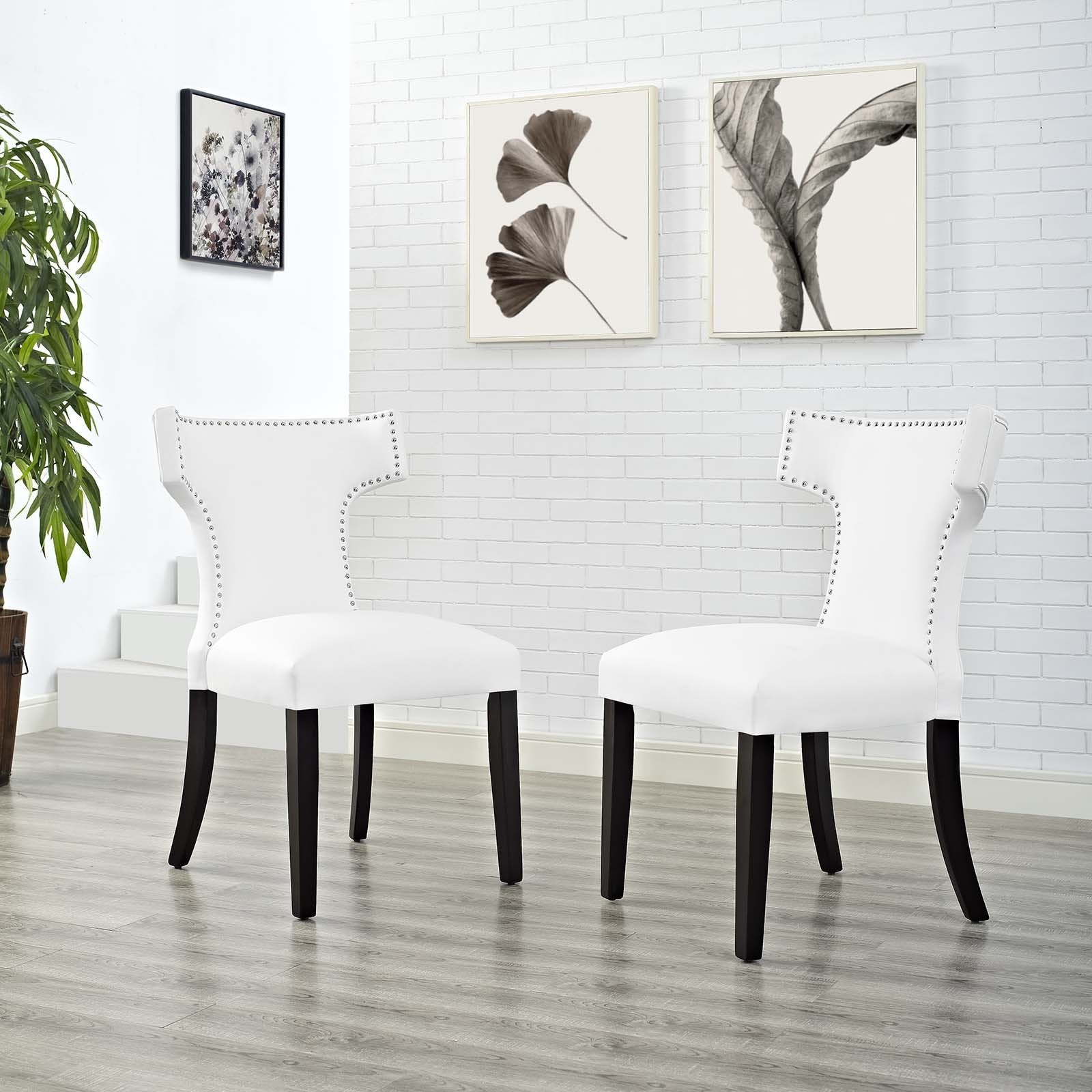 Modway Curve Mid-Century Vegan Leather Upholstered Dining Set With Nailhead Trim In White, Two Chairs