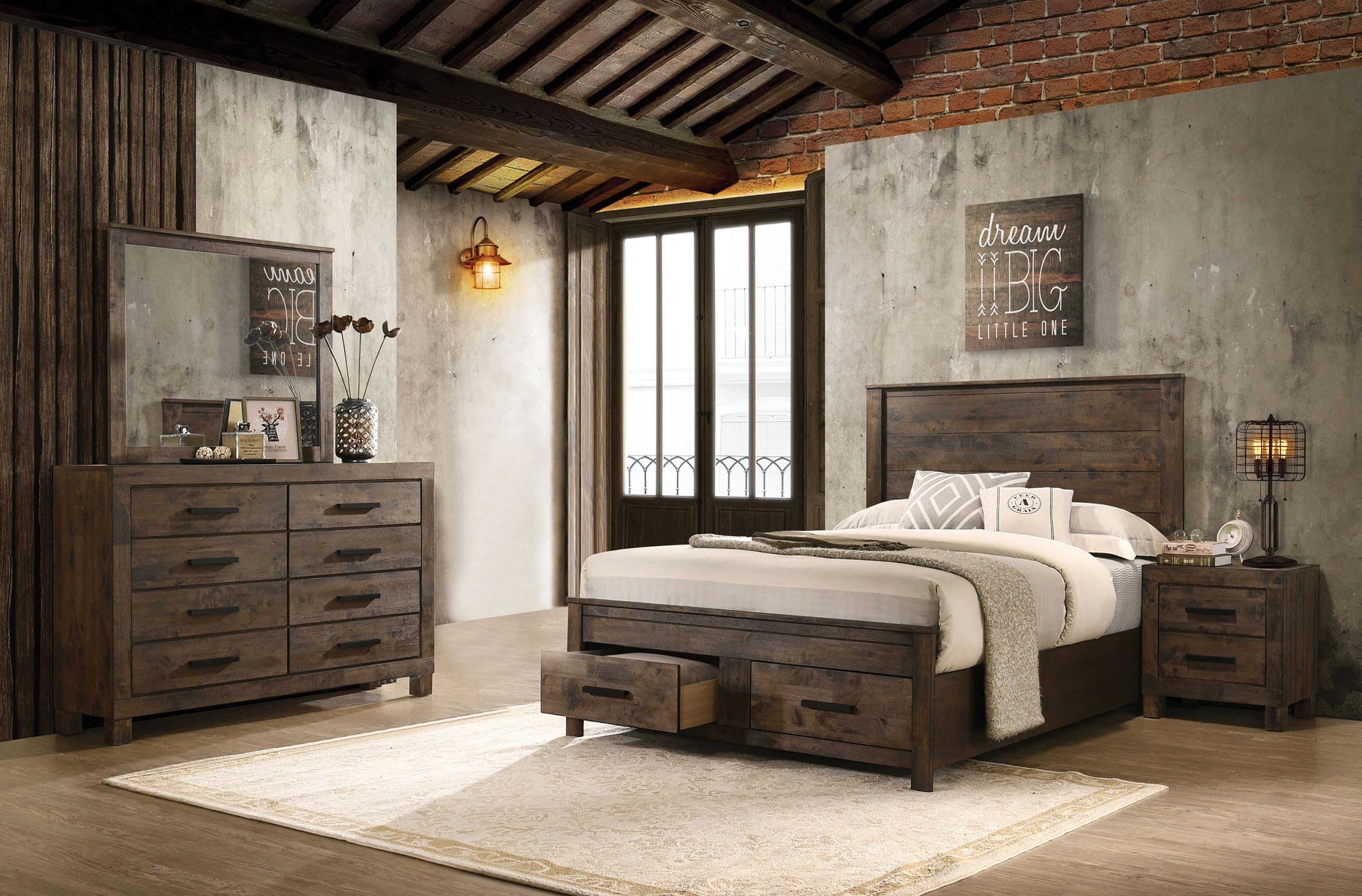 Coaster Home Furnishings Woodmont Farmhouse 4-Piece Bedroom Set Queen Size Storage Panel Bed Frame 54-inch Headboard Rustic Golden Brown 222631Q-S4