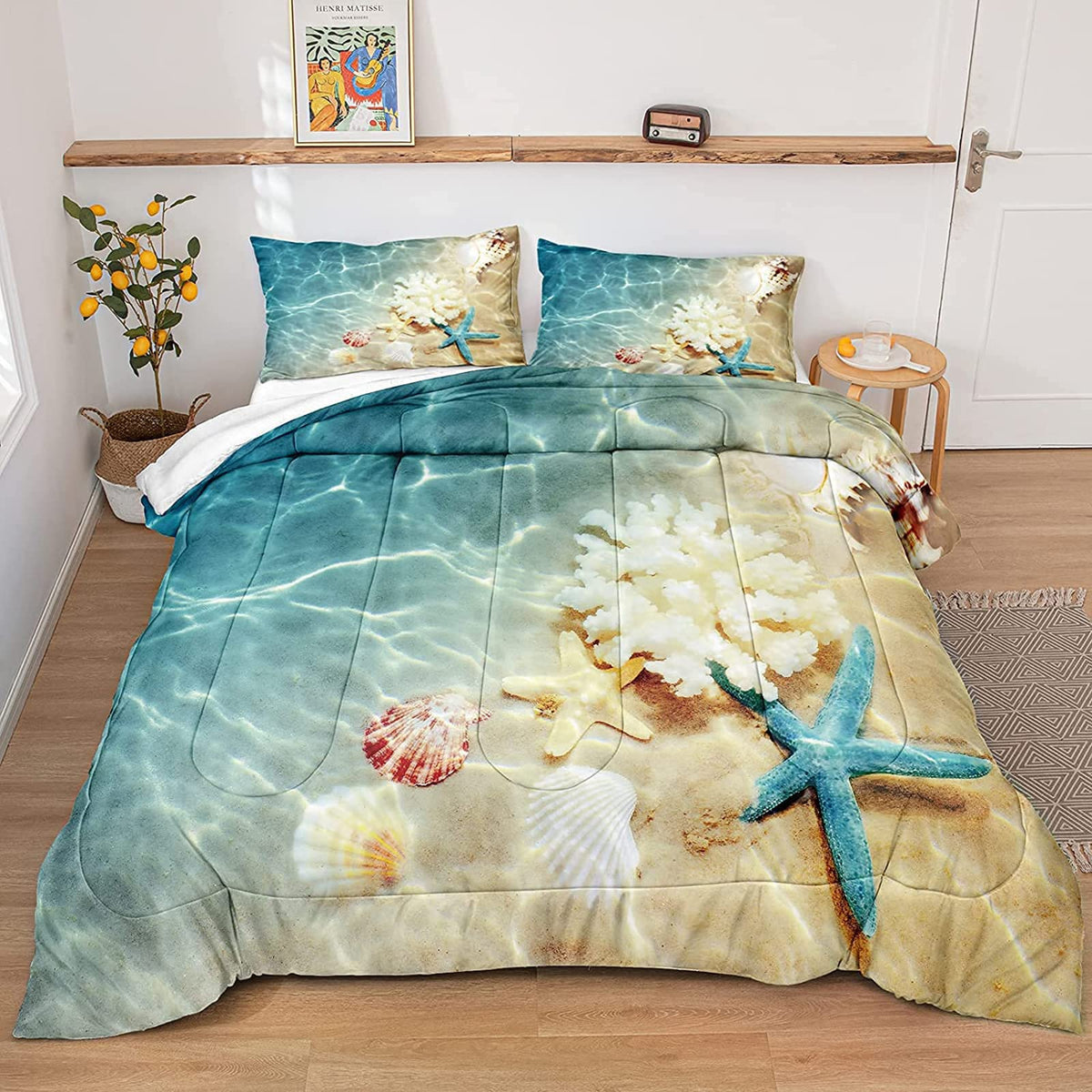 Bedbay King Comforter Set Beach Comforter Set King Size Ocean Comforter 3 Pieces Microfiber Soft Fluffy Comforter Blue Ocean Sea