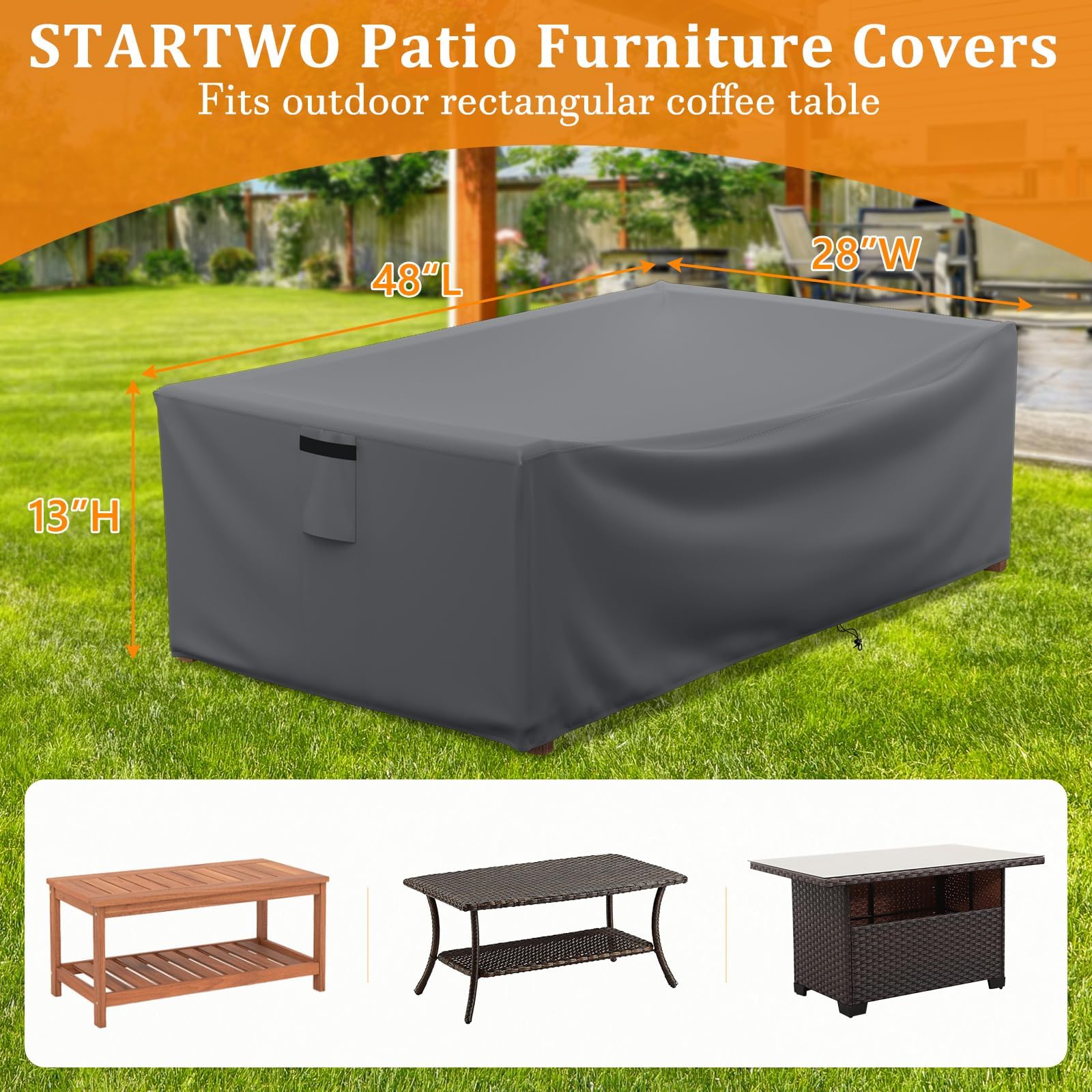 Startwo Patio Furniture Covers Waterproof For Coffee Table Cover, Heavy Duty Durable Rectangular Outdoor Table Cover Fits Up To 48L X 28Wx 13H Inches, Grey
