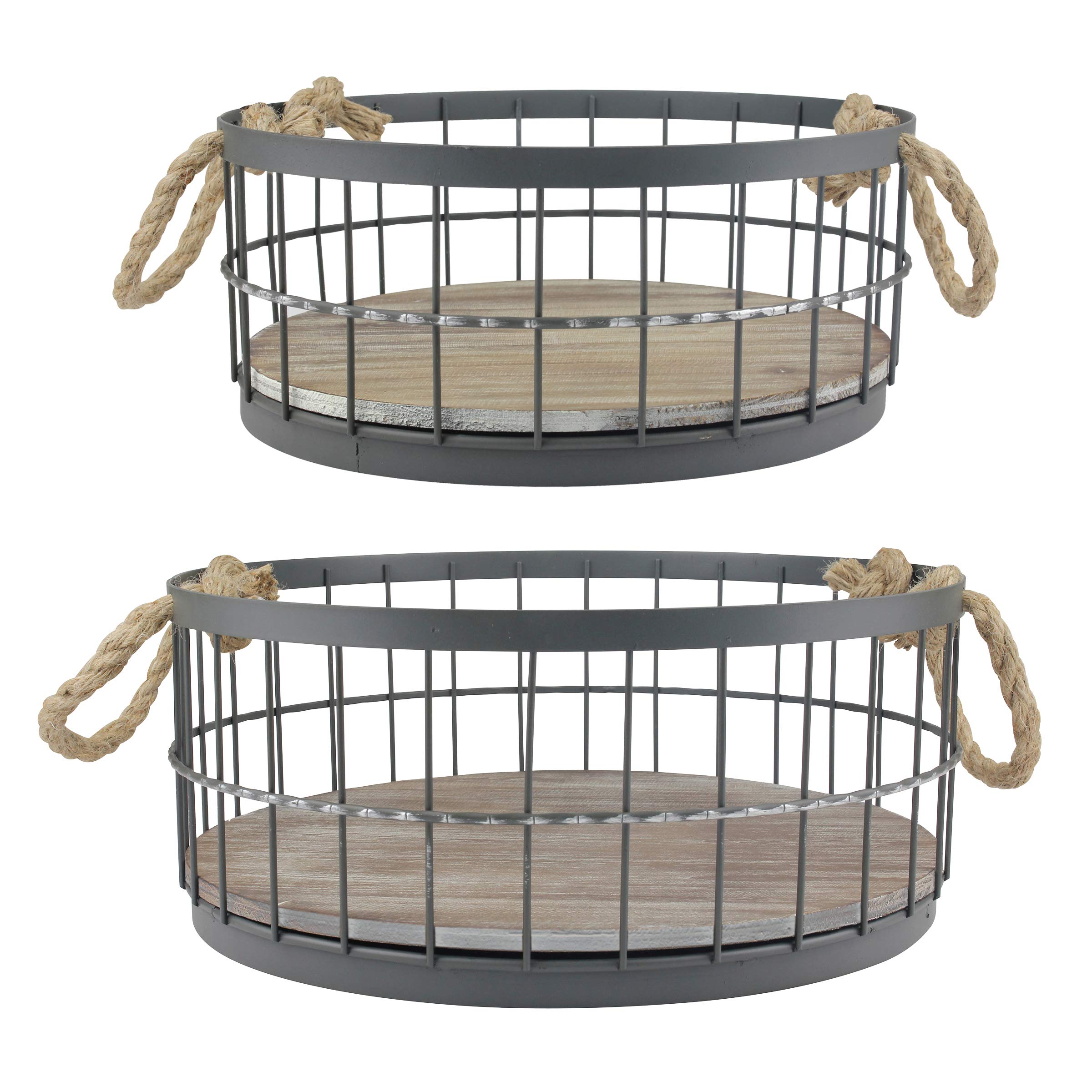 Stonebriar 2pc Round Stackable Metal Wire and Wood Basket Set with Rope Handles, Rustic Decor for Home Storage, Decorative Servi
