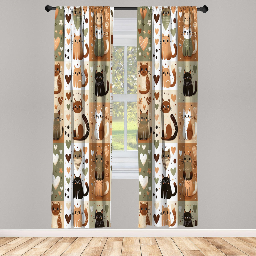 Ambesonne Cats Curtains, Modern Scandi Pattern Of Kitten Love With Romantic Hearts Cartoon Design, Window Treatments 2 Panel Set