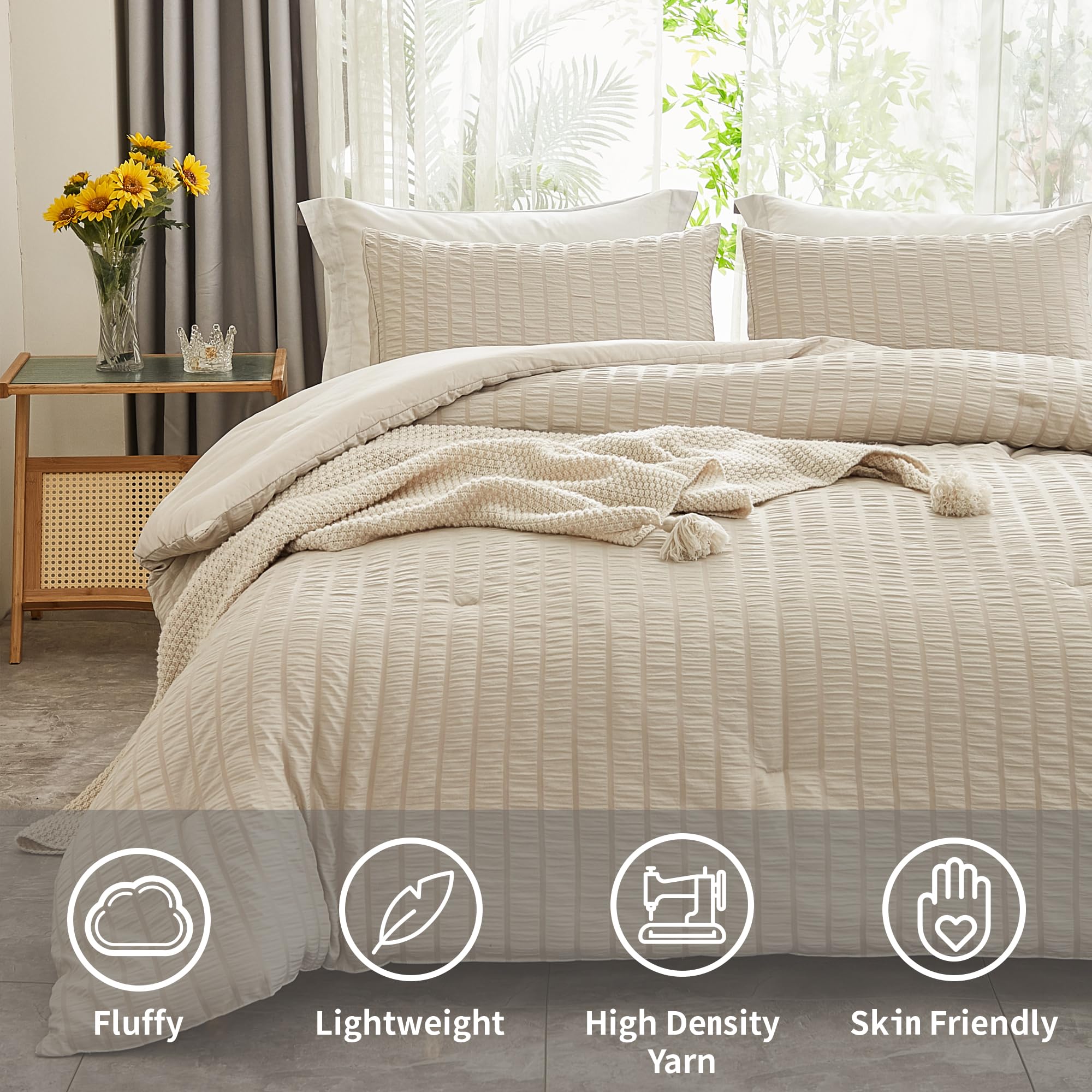 Avelom Beige Seersucker Queen Comforter Set (90X90 Inches), 3 Pieces-100% Soft Washed Microfiber Lightweight Comforter With 2 Pillowcases, All Season Down Alternative Comforter Set For Bedding