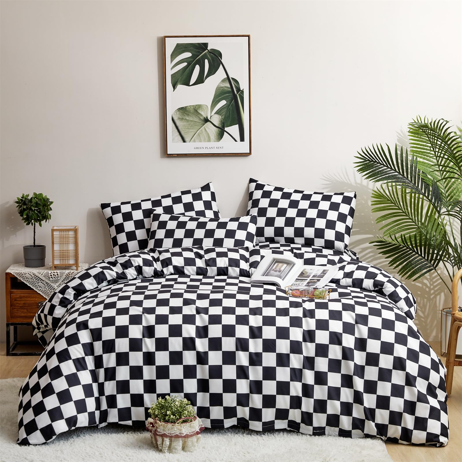 Clothknow Black White Plaid Full Comforter Set 3Pcs Grid Bedding Comforter Sets Black White Comforter Full Soft Black Checkered Full Size Comforter Sets
